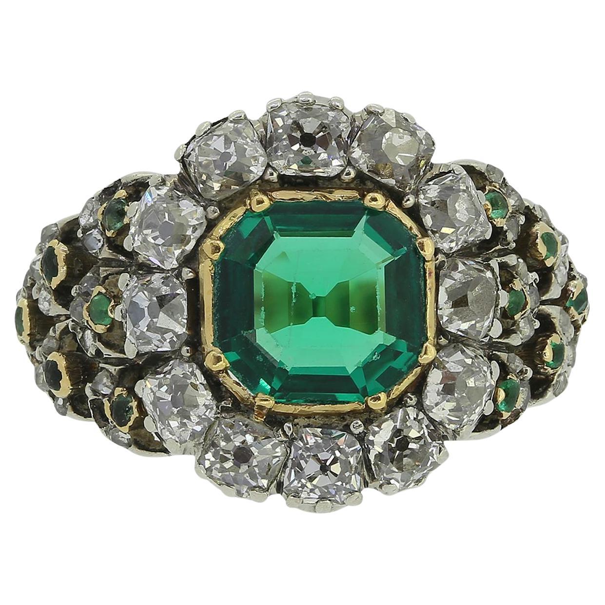 Victorian 1.60 Carat Colombian Emerald and Diamond Cluster Ring