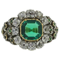 Victorian 1.60 Carat Colombian Emerald and Diamond Cluster Ring