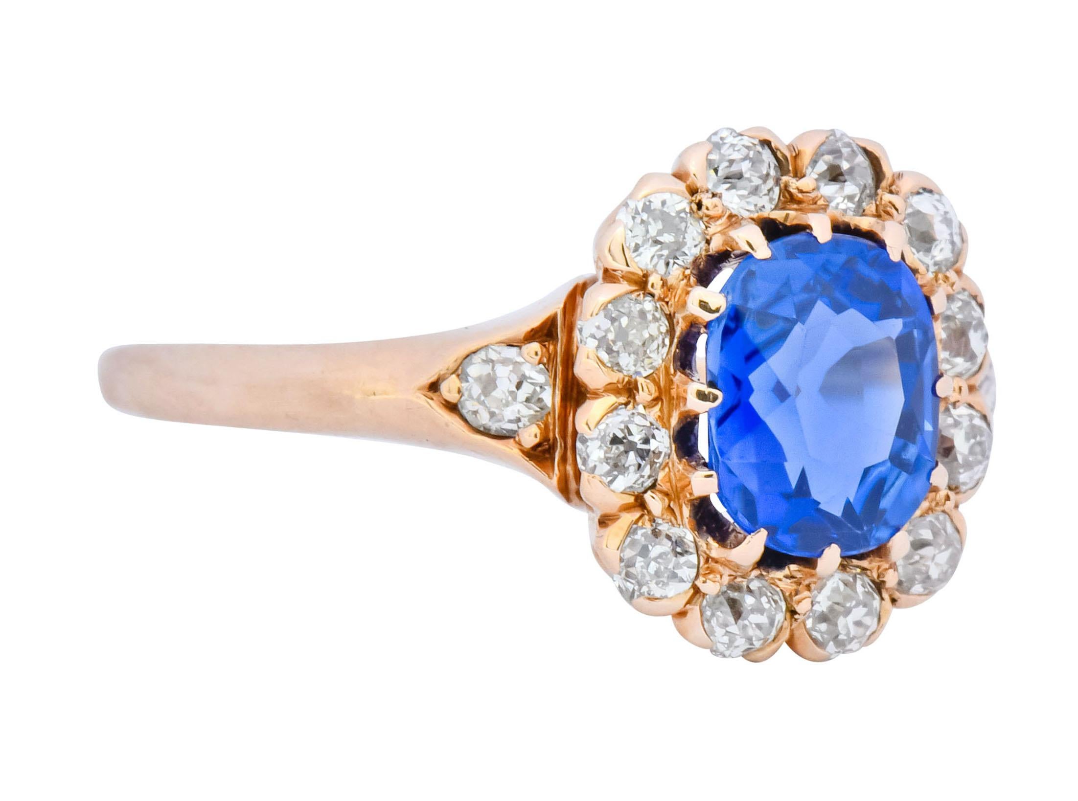 Oval Cut Victorian 1.60 Carat No Heat Kashmir Sapphire Diamond 14 Karat Gold Ring AGL GIA