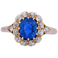 Victorian 1.60 Carat No Heat Kashmir Sapphire Diamond 14 Karat Gold Ring AGL GIA