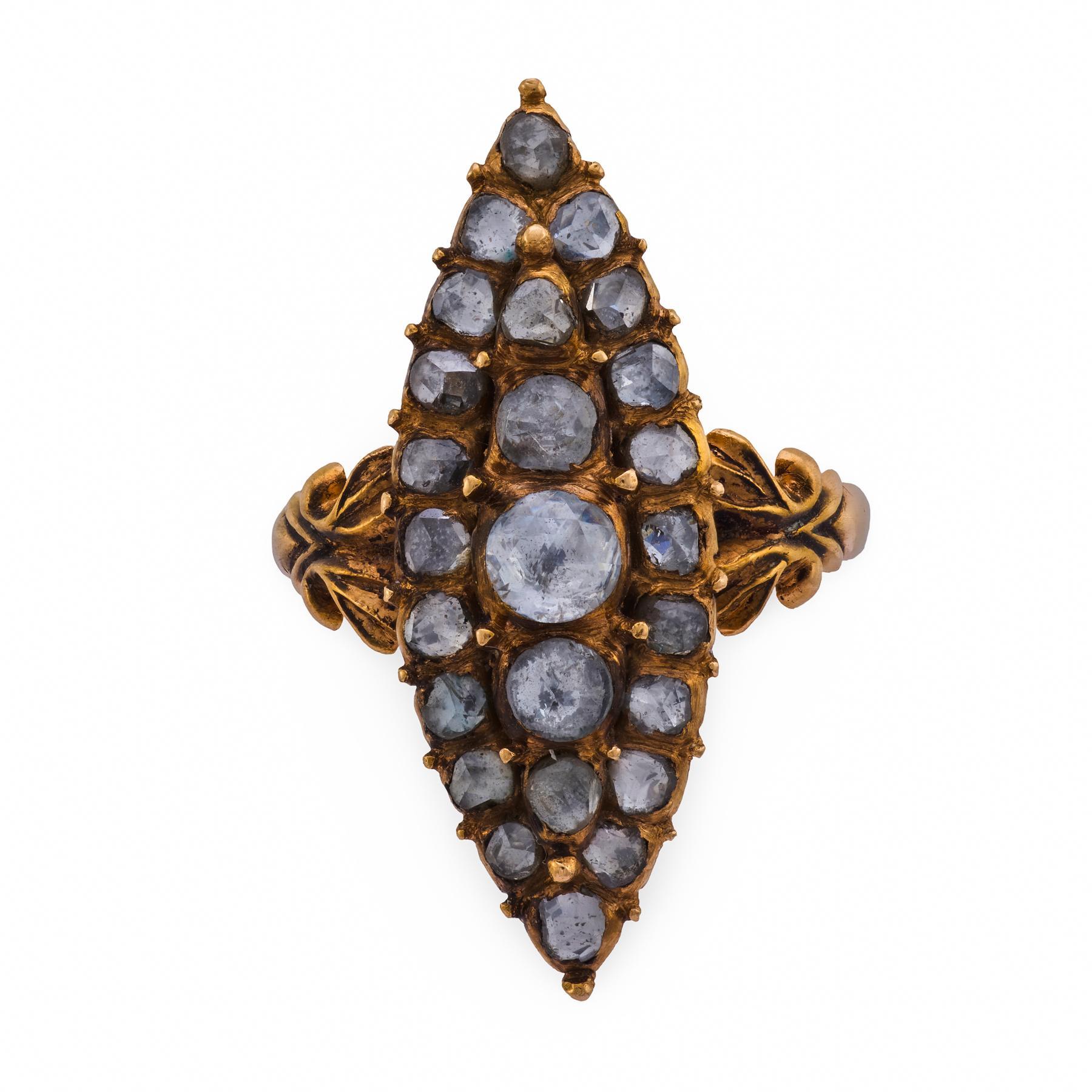 Victorien Bague victorienne à navette en or rose 14k, diamant taille rose de 1,60 carat en vente