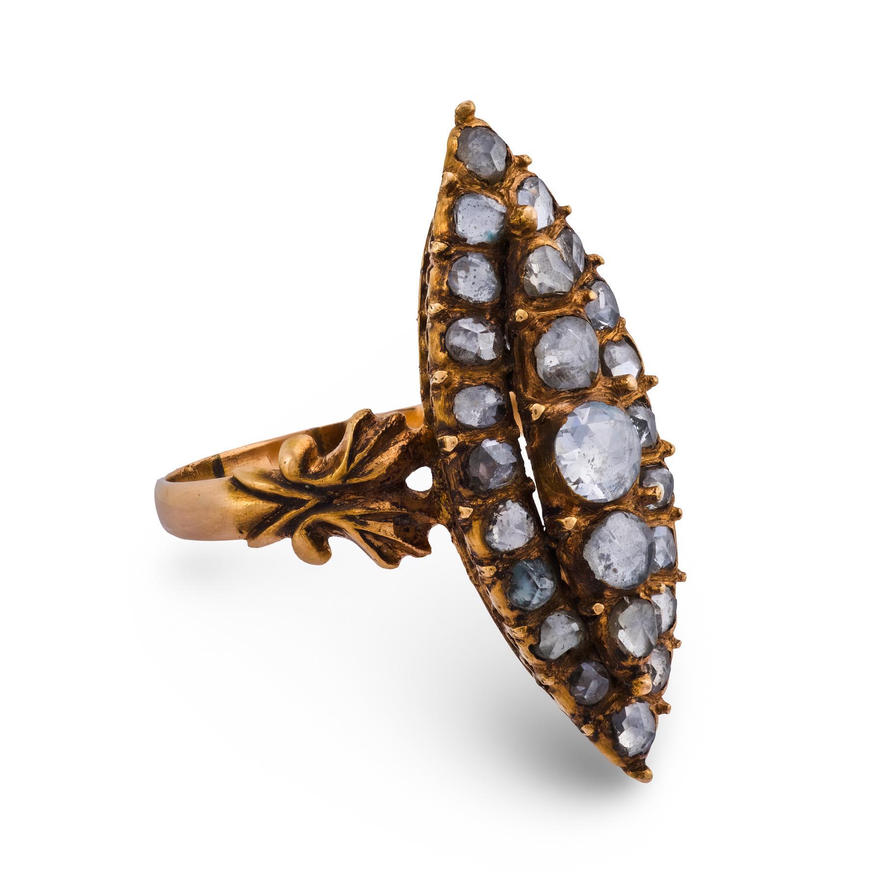 Bague victorienne à navette en or rose 14k, diamant taille rose de 1,60 carat Bon état - En vente à Beverly Hills, CA