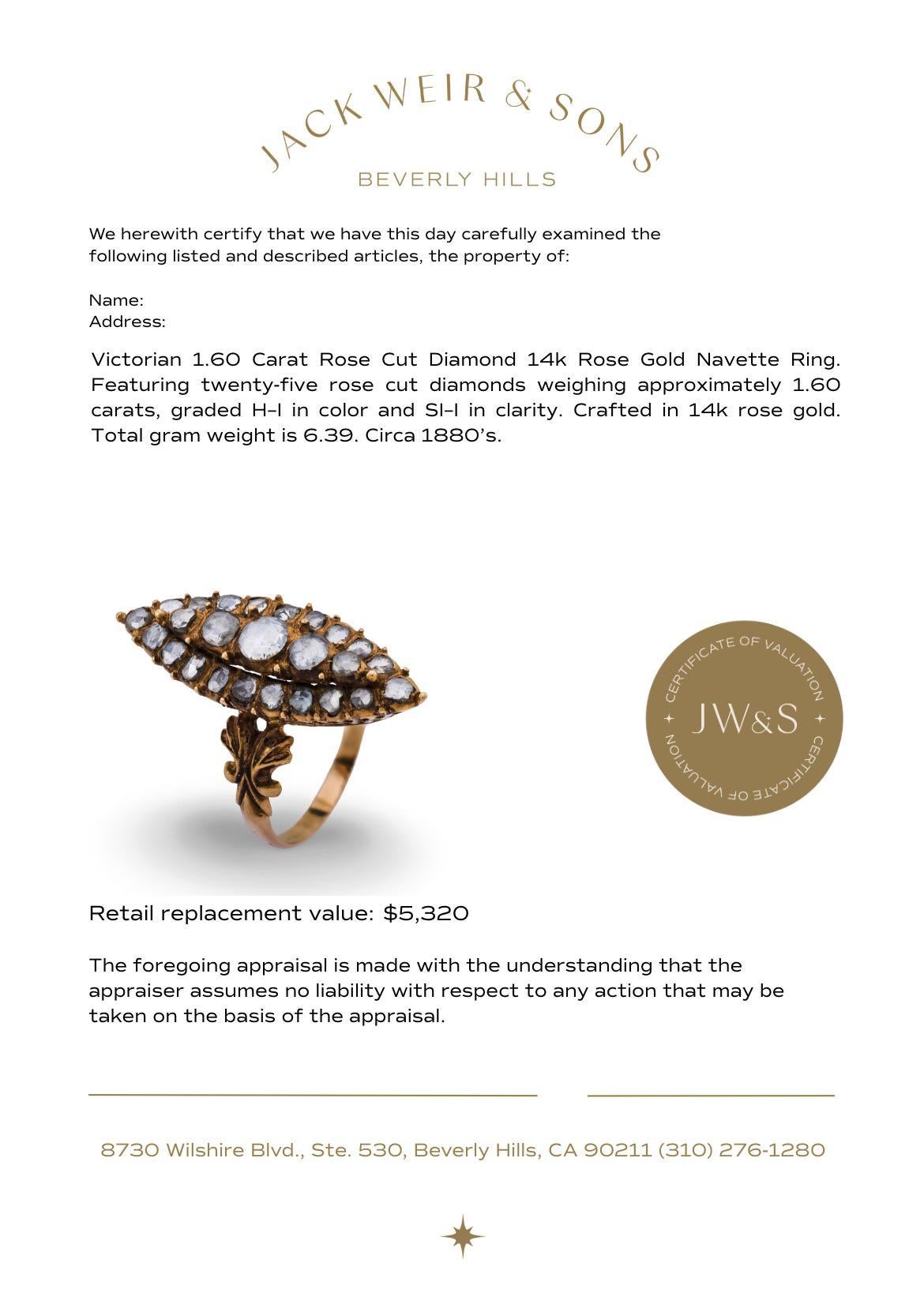 Bague victorienne à navette en or rose 14k, diamant taille rose de 1,60 carat en vente 3