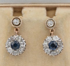 Victorian 14K Gold Diamond & Sapphire Swing Earrings, Circa 1880
