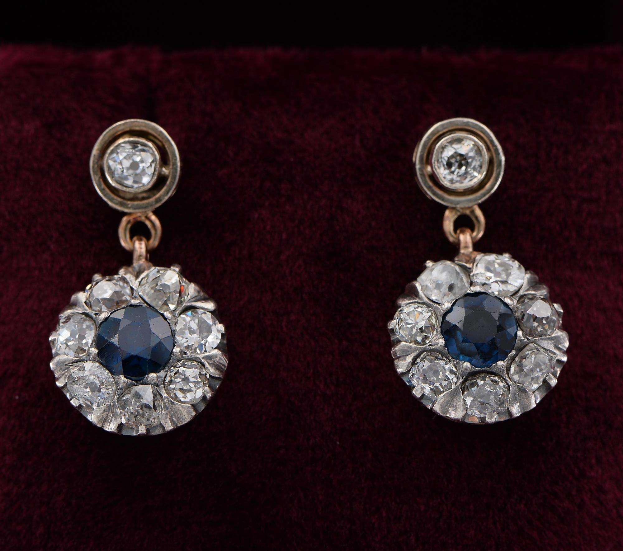 Old Mine Cut Victorian 1.60 Ct Natural Sapphire 2.50 Ct Diamond Swing earrings For Sale