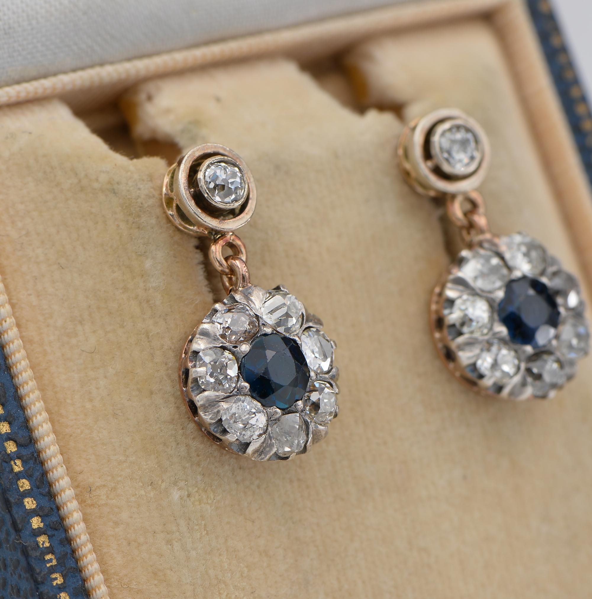 Victorian 1.60 Ct Natural Sapphire 2.50 Ct Diamond Swing earrings In Fair Condition For Sale In Napoli, IT
