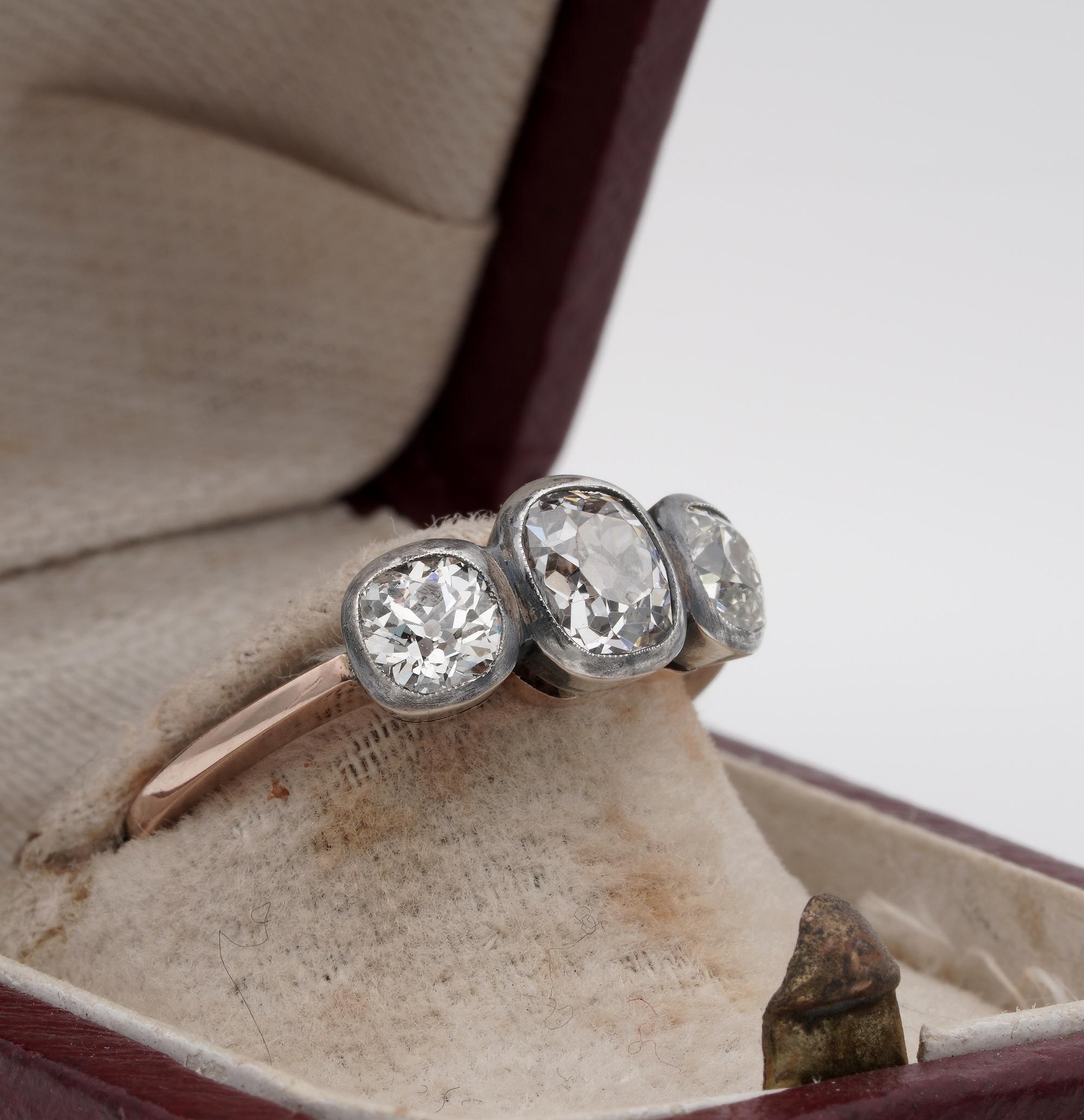 Old Mine Cut Victorian 1.60 Ct Old Mine Diamond Trilogy Engagement Ring 18 KT/Silver For Sale