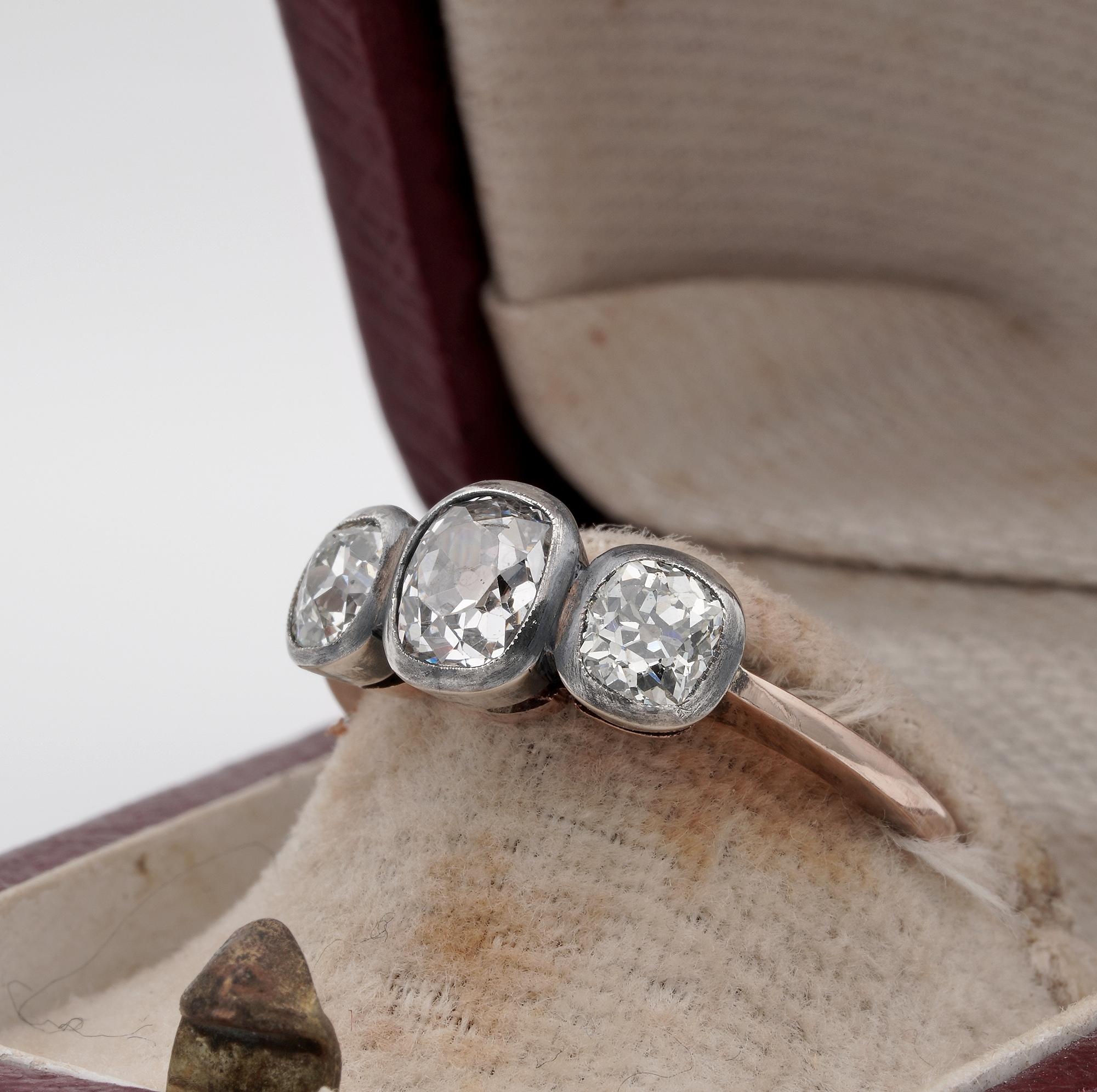 Women's Victorian 1.60 Ct Old Mine Diamond Trilogy Engagement Ring 18 KT/Silver For Sale