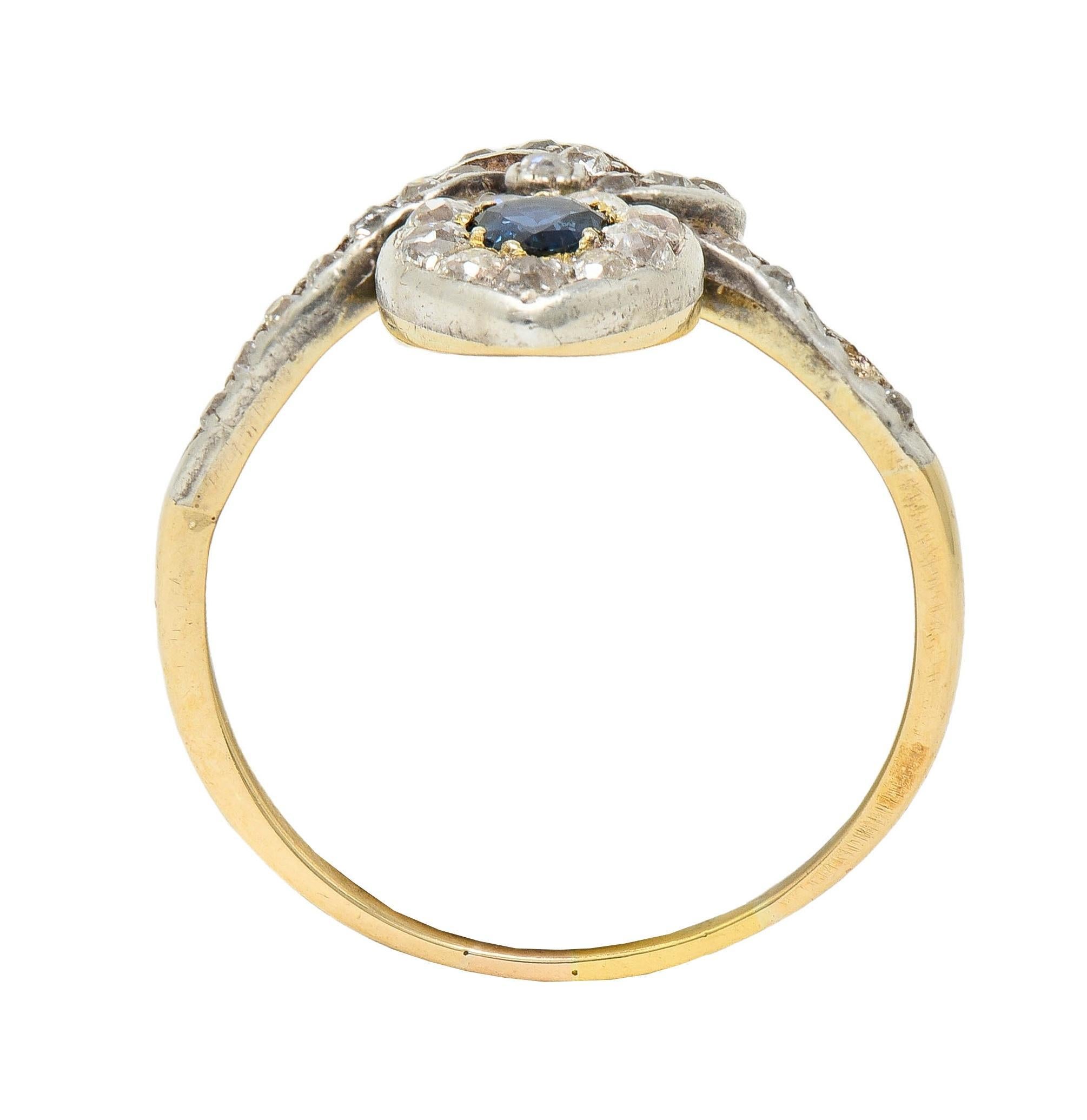 Victorian 1.60 CTW Sapphire Diamond Silver 14 Karat Gold Antique Love Knot Ring For Sale 5