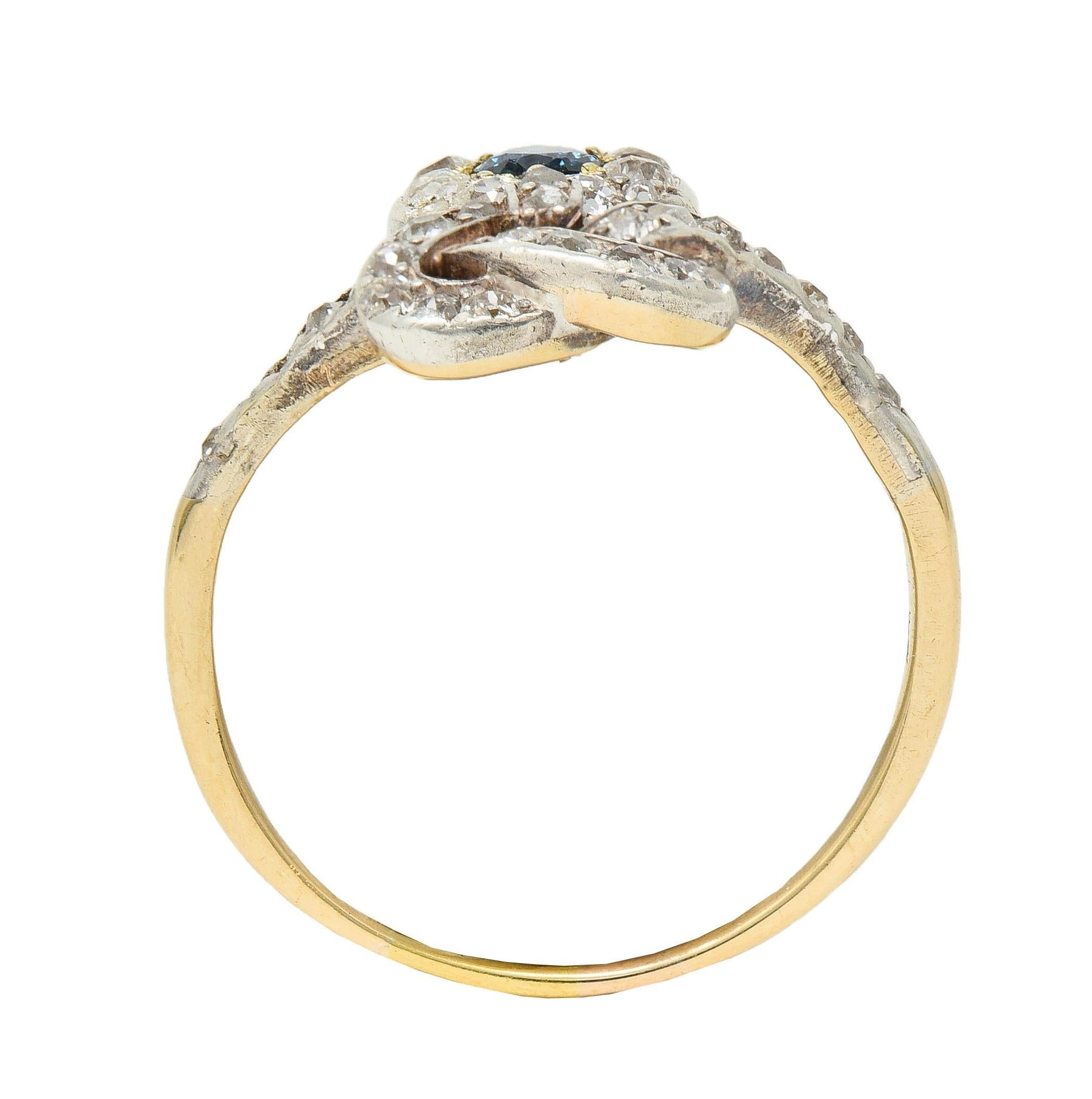Victorian 1.60 CTW Sapphire Diamond Silver 14 Karat Gold Antique Love Knot Ring For Sale 6
