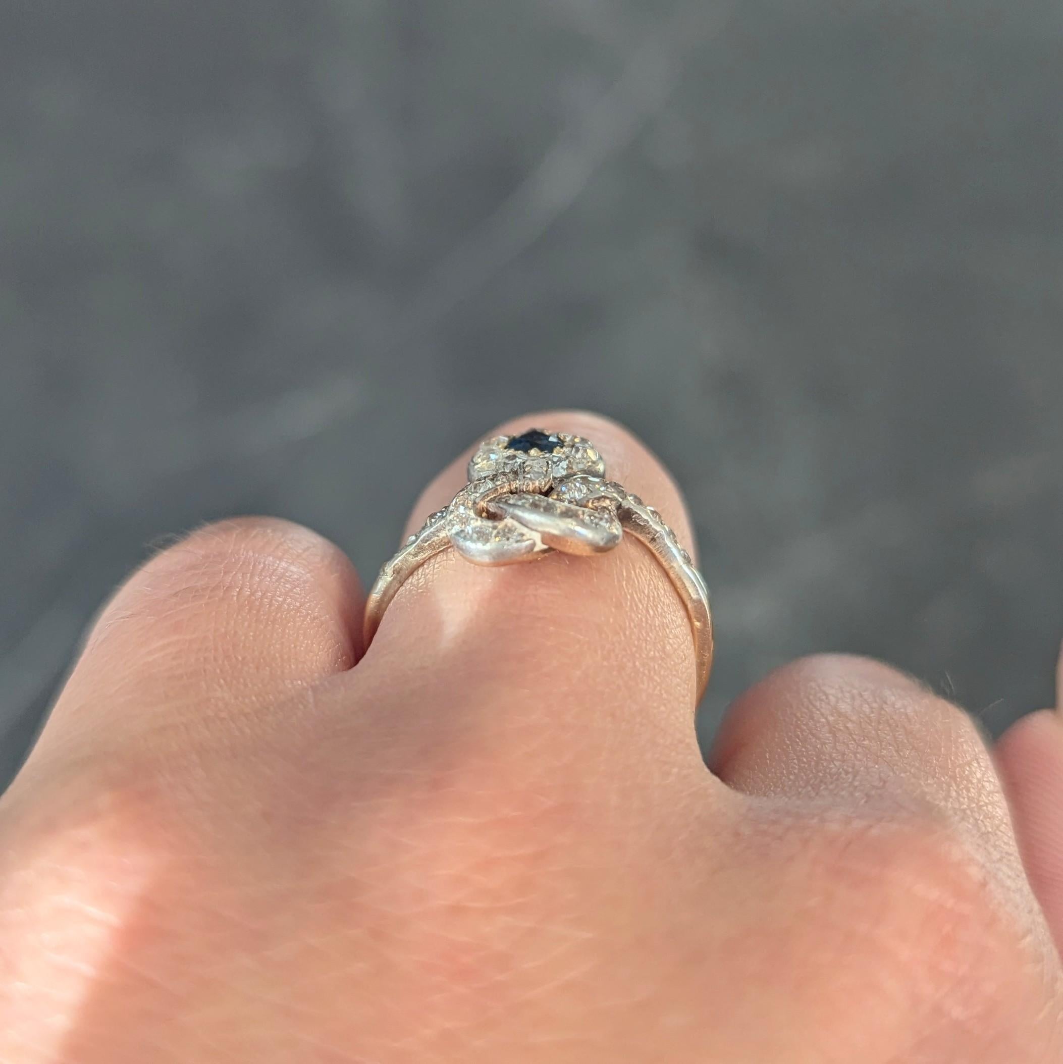 Victorian 1.60 CTW Sapphire Diamond Silver 14 Karat Gold Antique Love Knot Ring For Sale 8
