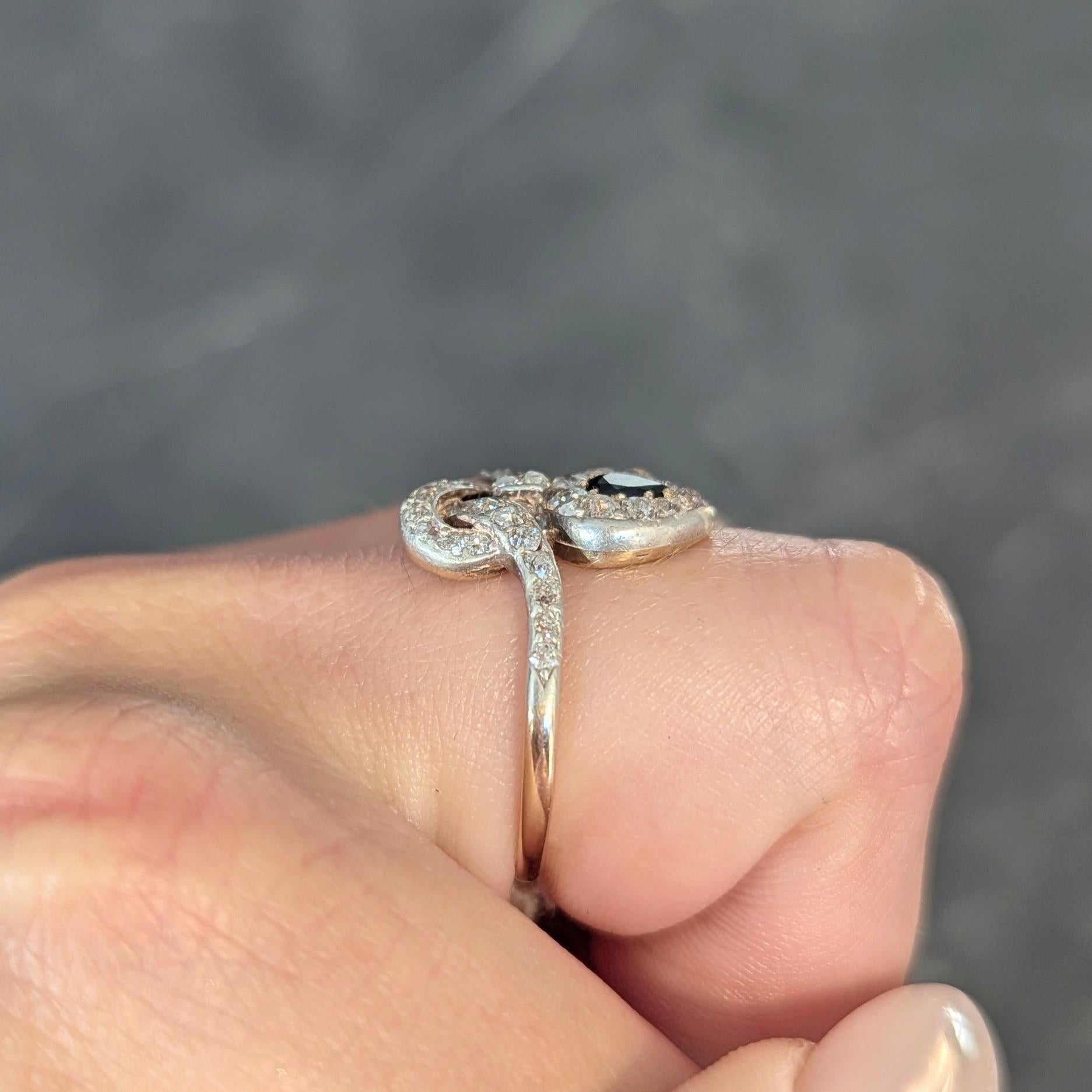 Victorian 1.60 CTW Sapphire Diamond Silver 14 Karat Gold Antique Love Knot Ring For Sale 9