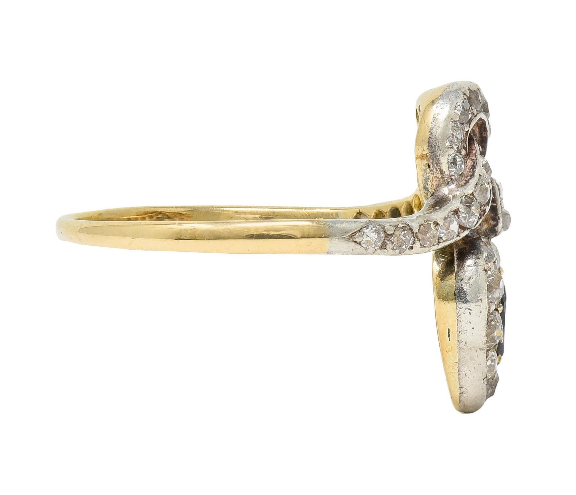 Round Cut Victorian 1.60 CTW Sapphire Diamond Silver 14 Karat Gold Antique Love Knot Ring For Sale