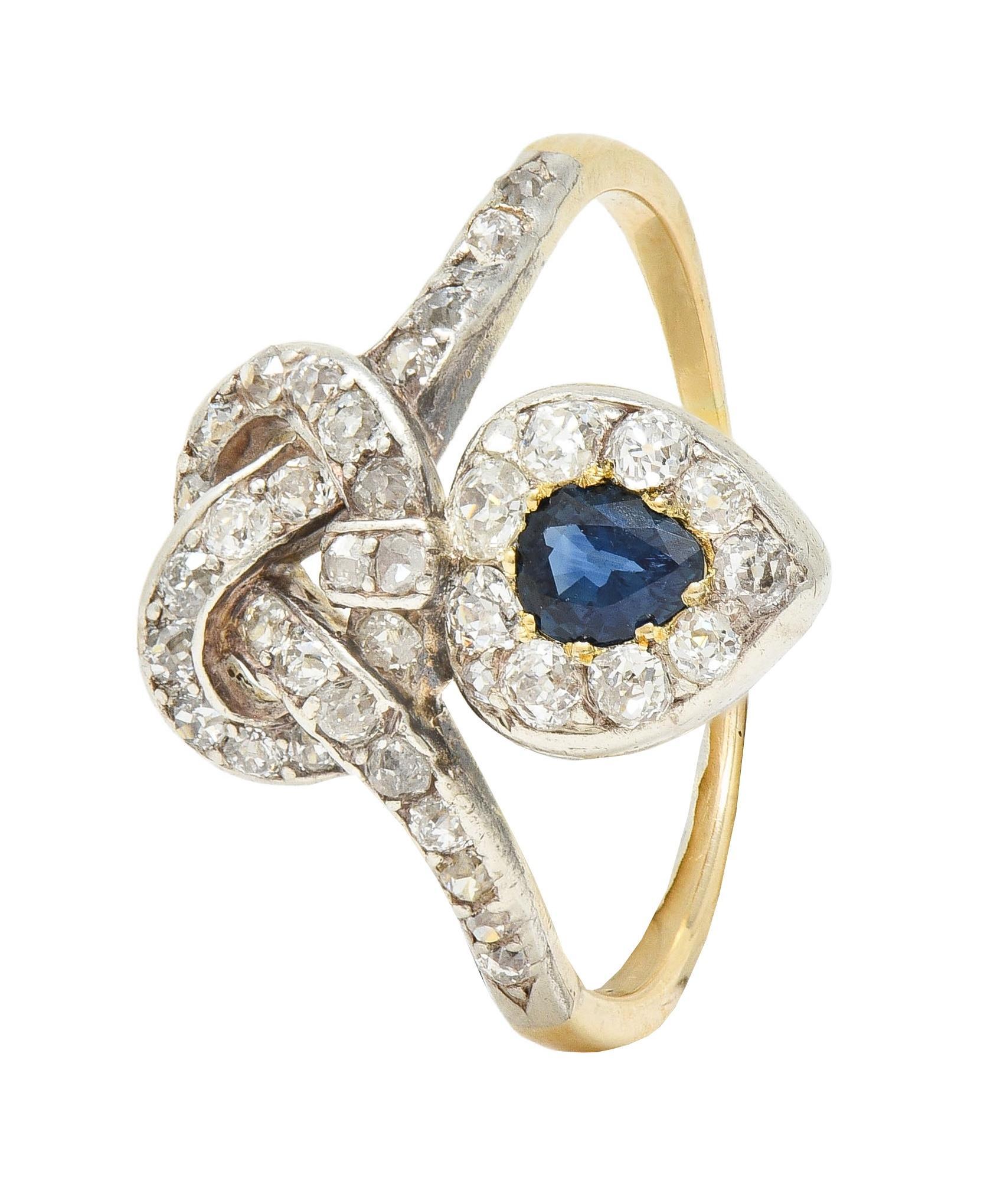 Victorian 1.60 CTW Sapphire Diamond Silver 14 Karat Gold Antique Love Knot Ring In Excellent Condition For Sale In Philadelphia, PA