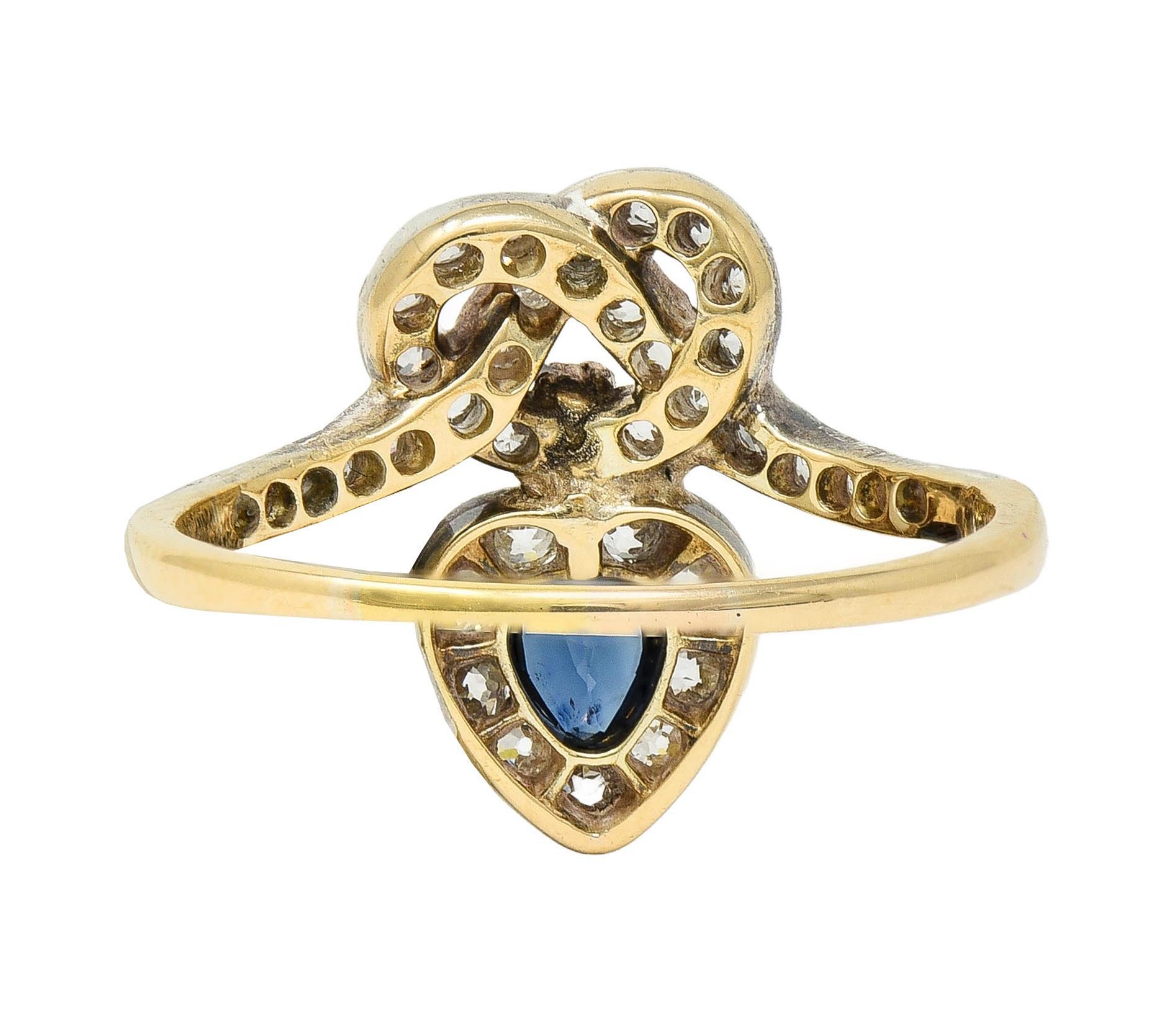 Women's or Men's Victorian 1.60 CTW Sapphire Diamond Silver 14 Karat Gold Antique Love Knot Ring For Sale