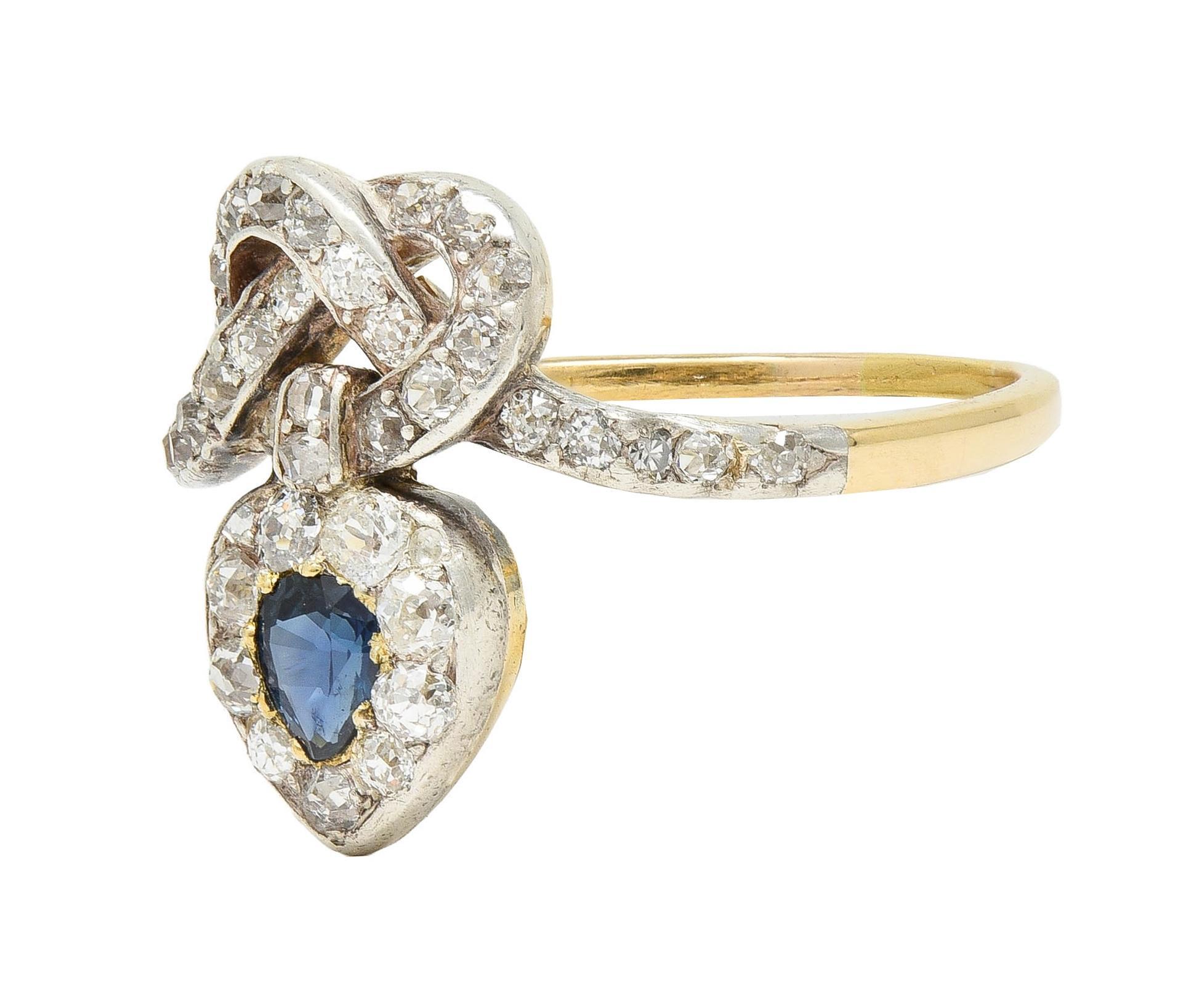 Victorian 1.60 CTW Sapphire Diamond Silver 14 Karat Gold Antique Love Knot Ring For Sale 2