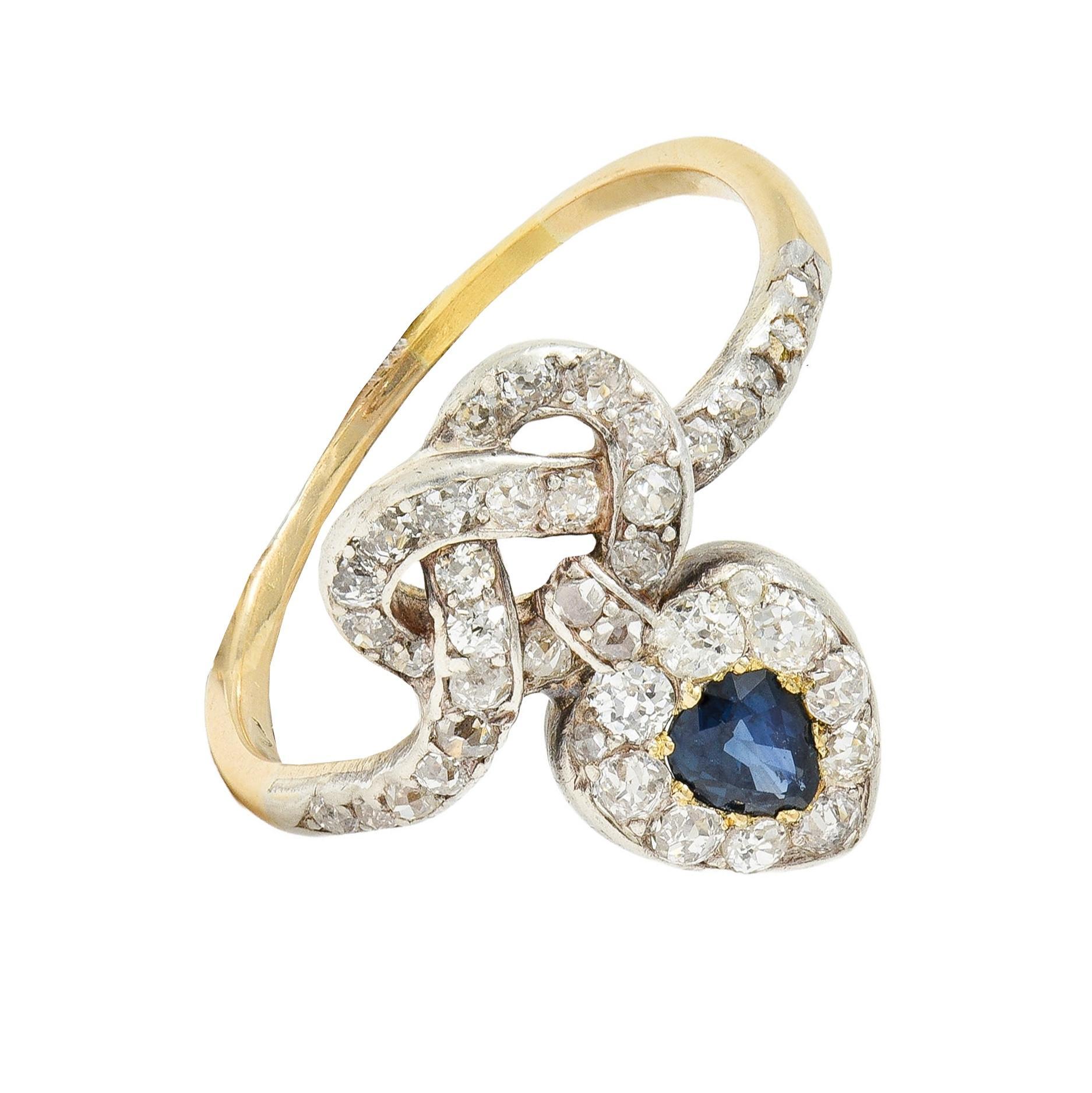 Victorian 1.60 CTW Sapphire Diamond Silver 14 Karat Gold Antique Love Knot Ring For Sale 4