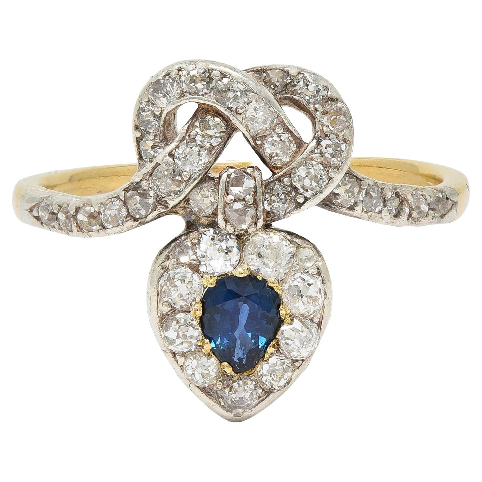 Victorian 1.60 CTW Sapphire Diamond Silver 14 Karat Gold Antique Love Knot Ring