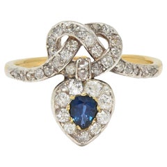 Victorian 1.60 CTW Sapphire Diamond Silver 14 Karat Gold Antique Love Knot Ring
