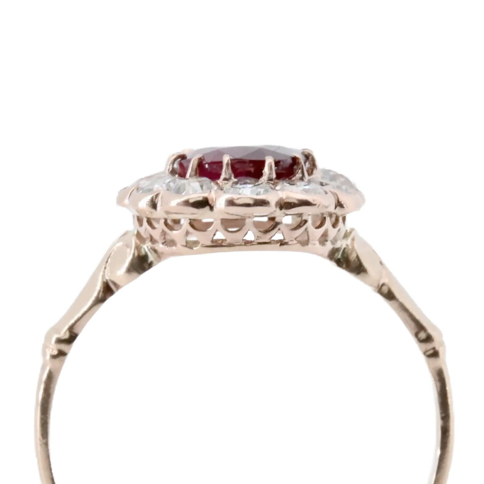 Victorian 1.61CTW Burmese No Heat Ruby & Diamond Ring in 14K Gold In Good Condition For Sale In Boston, MA