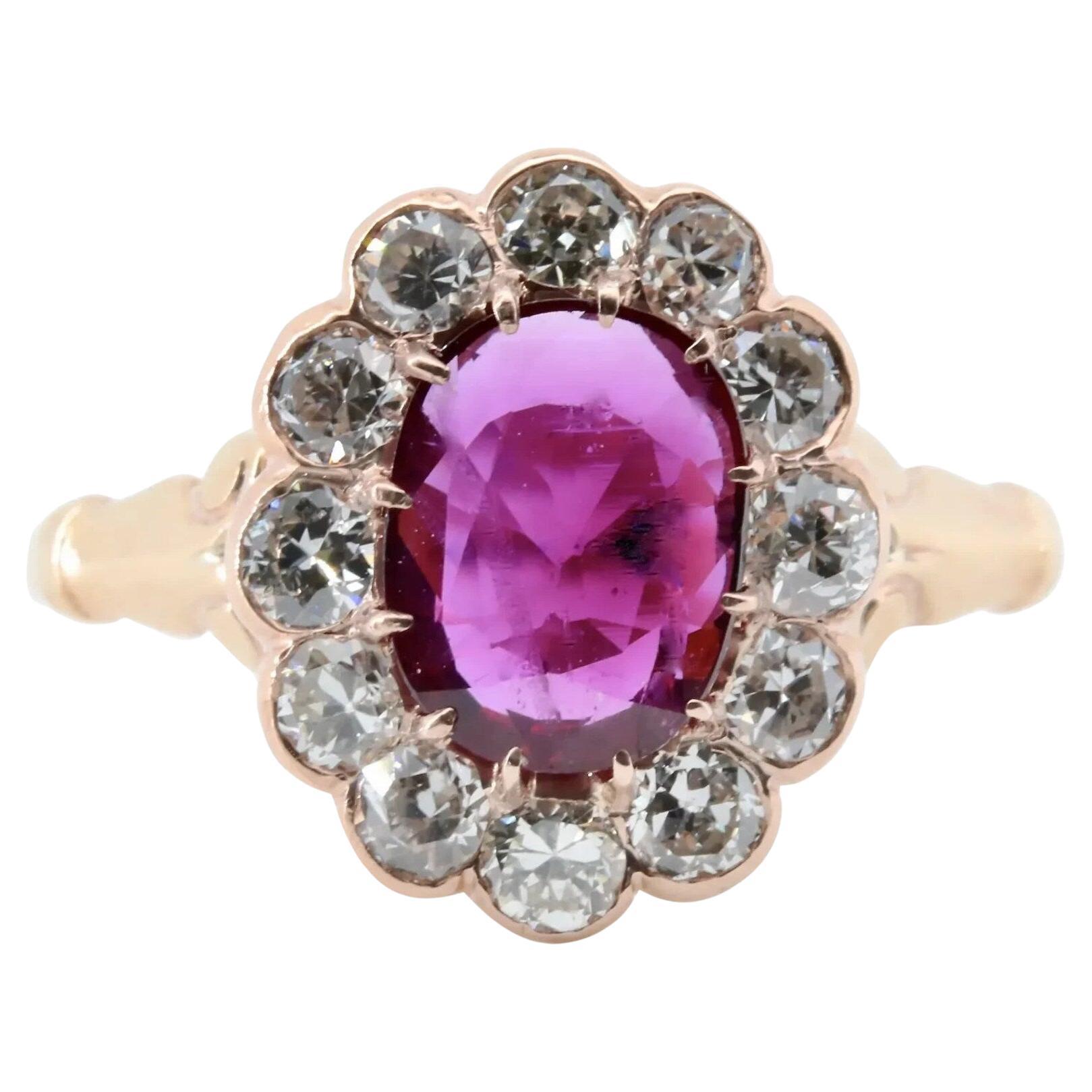 Victorian 1.61CTW Burmese No Heat Ruby & Diamond Ring in 14K Gold For Sale
