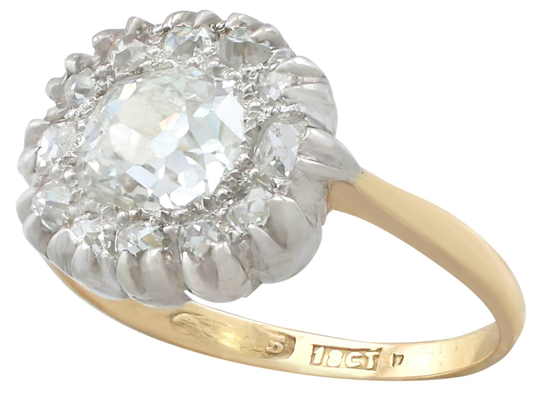 Victorian 1.63 Carat Diamond Gold Platinum Cluster Ring In Excellent Condition In Jesmond, Newcastle Upon Tyne