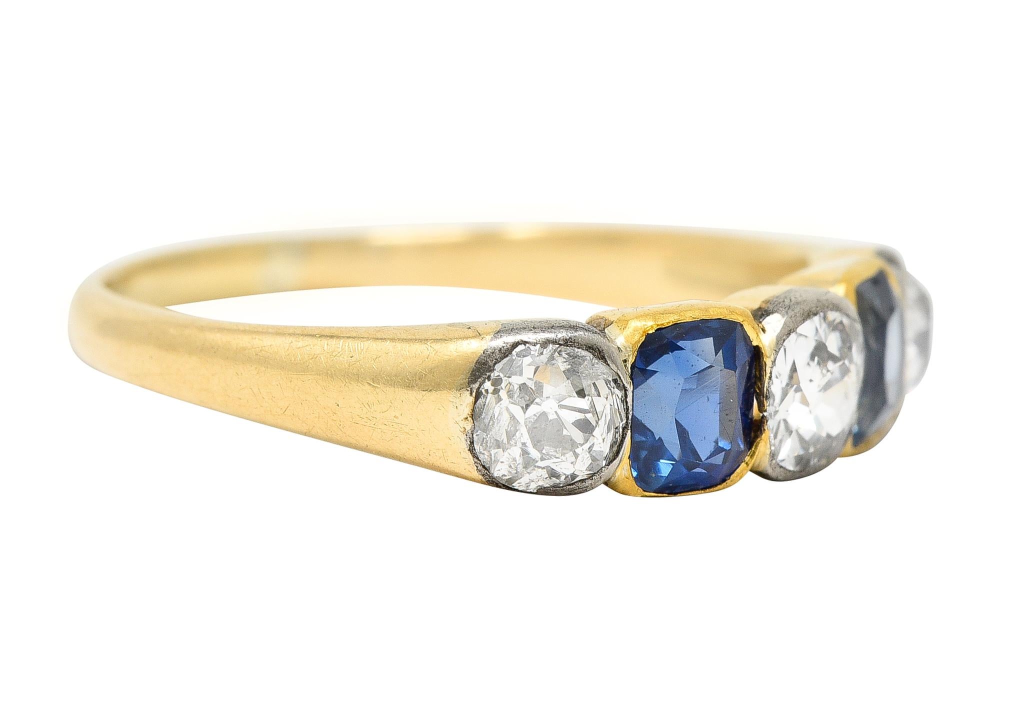 Featuring old mine cut diamonds and cushion cut sapphires - bezel set to front and alternating in pattern. Diamonds weigh approximately 0.85 carat total - H/I color with I2 clarity - set in platinum. Sapphires weigh approximately 0.78 carat total -