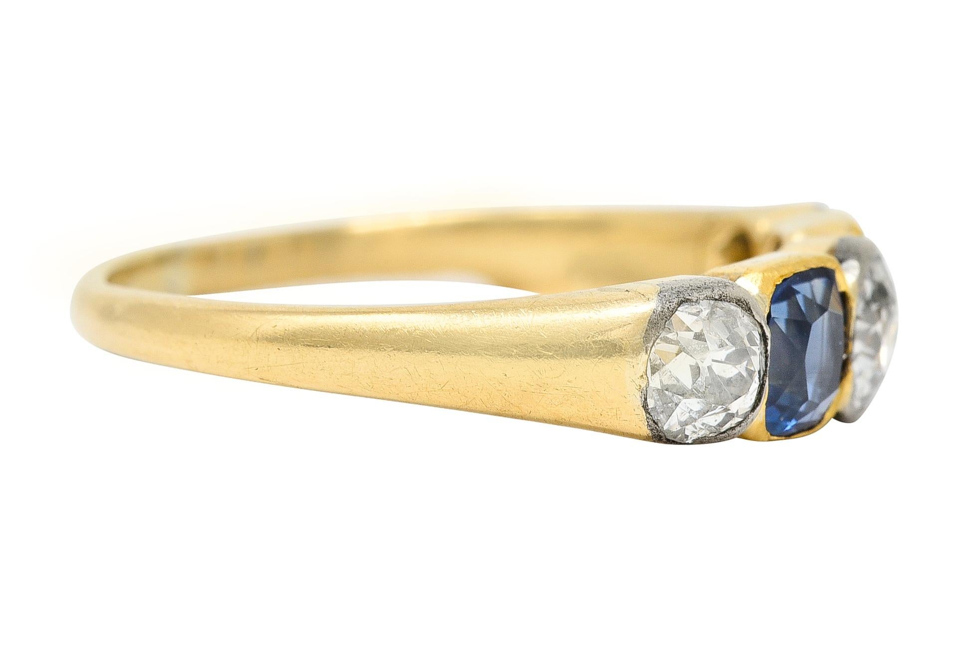 Old Mine Cut Victorian 1.63 Carats Diamond Sapphire Platinum 14 Karat Yellow Gold Band Ring For Sale