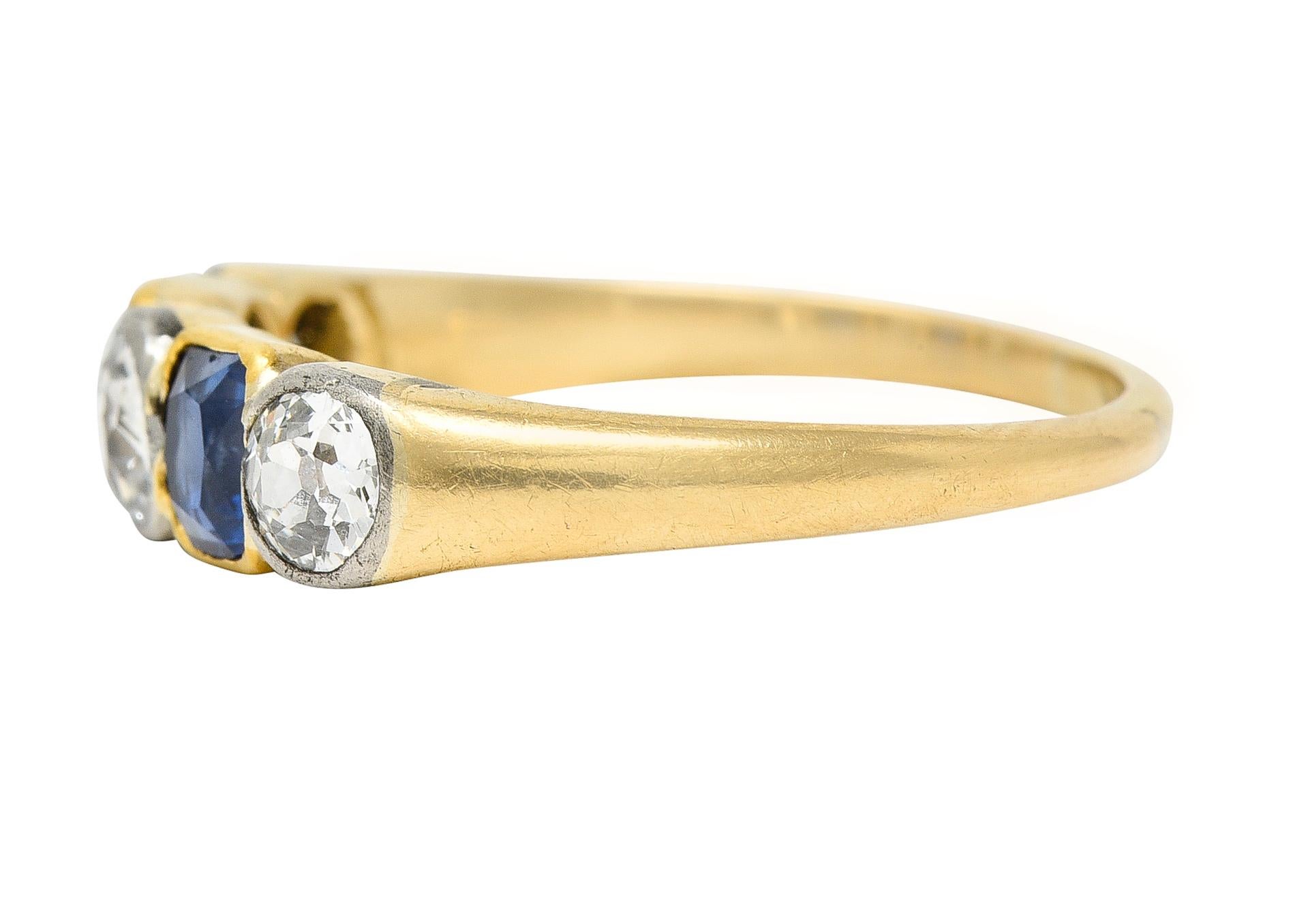 Women's or Men's Victorian 1.63 Carats Diamond Sapphire Platinum 14 Karat Yellow Gold Band Ring For Sale