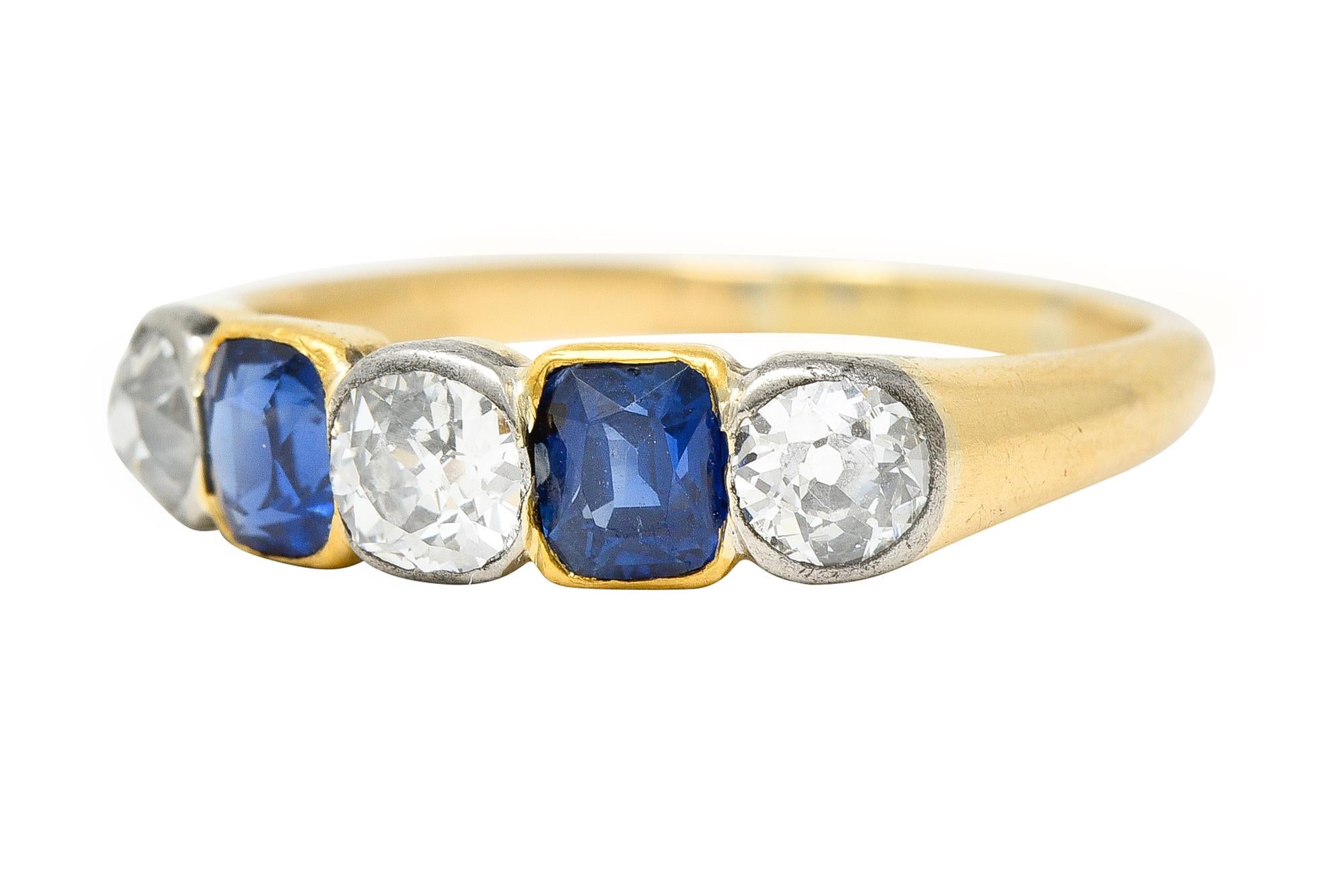 Victorian 1.63 Carats Diamond Sapphire Platinum 14 Karat Yellow Gold Band Ring For Sale 1
