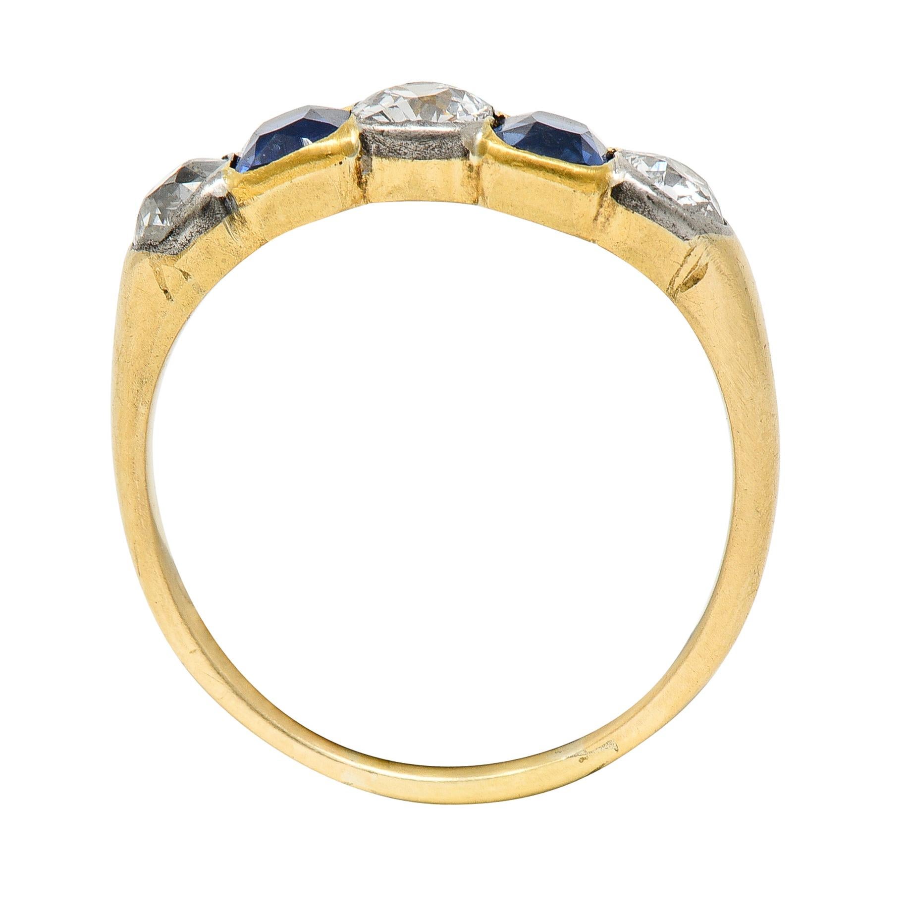 Victorian 1.63 Carats Diamond Sapphire Platinum 14 Karat Yellow Gold Band Ring For Sale 3