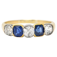 Antique Victorian 1.63 Carats Diamond Sapphire Platinum 14 Karat Yellow Gold Band Ring