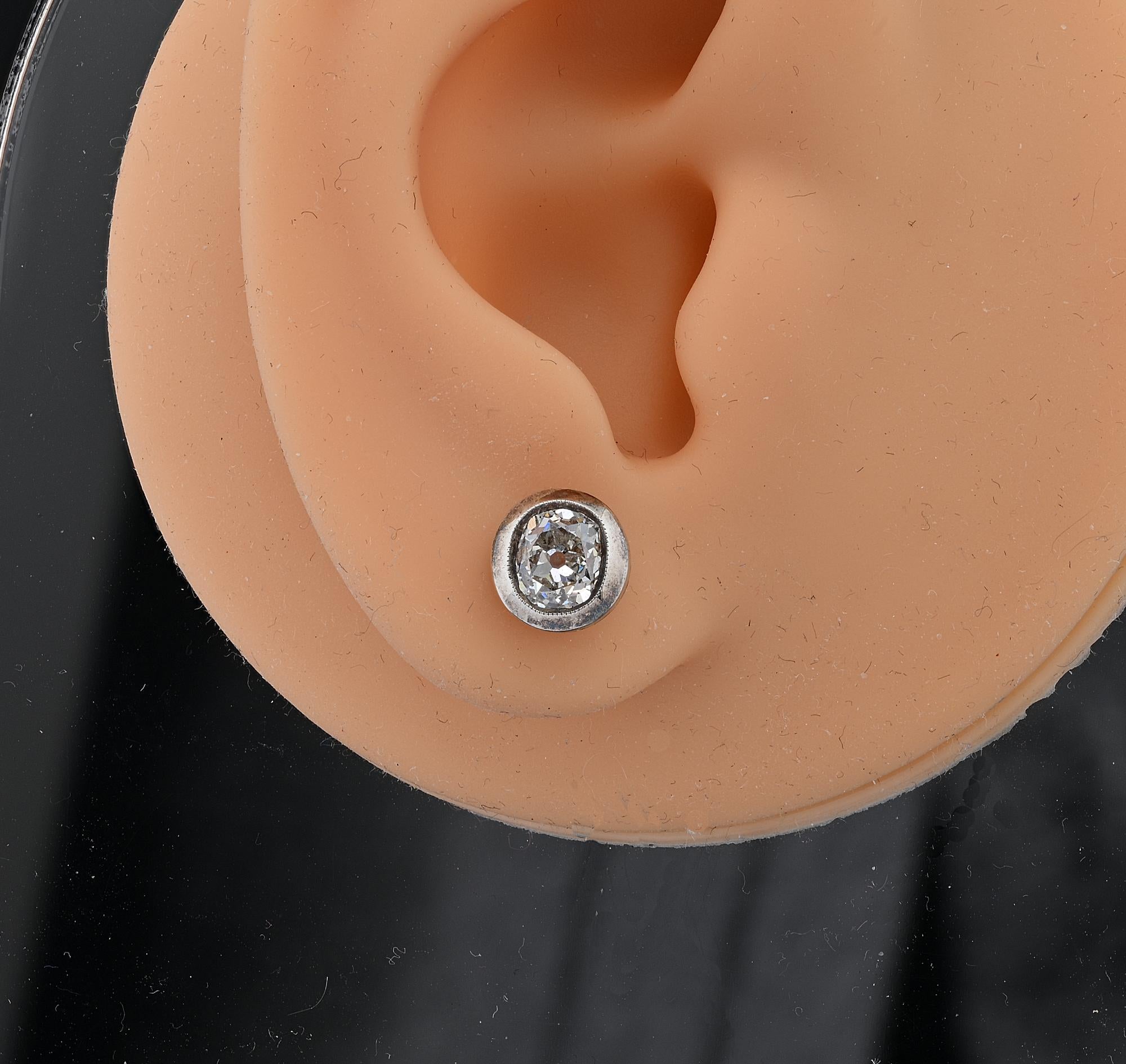 Victorian 1.63 Ct Old Mine Diamond Solitaire Stud Earrings Silver/Gold For Sale 2