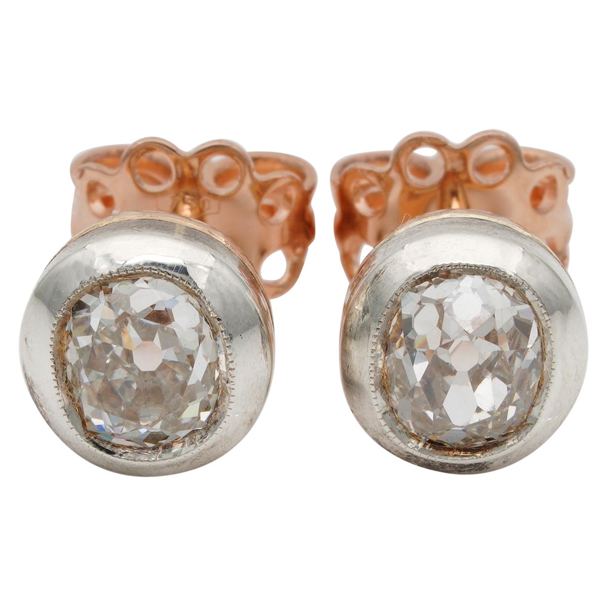 Viktorianische 1,63 Karat Solitär-Ohrstecker aus Silber/Gold mit Diamanten im alten Minenschliff