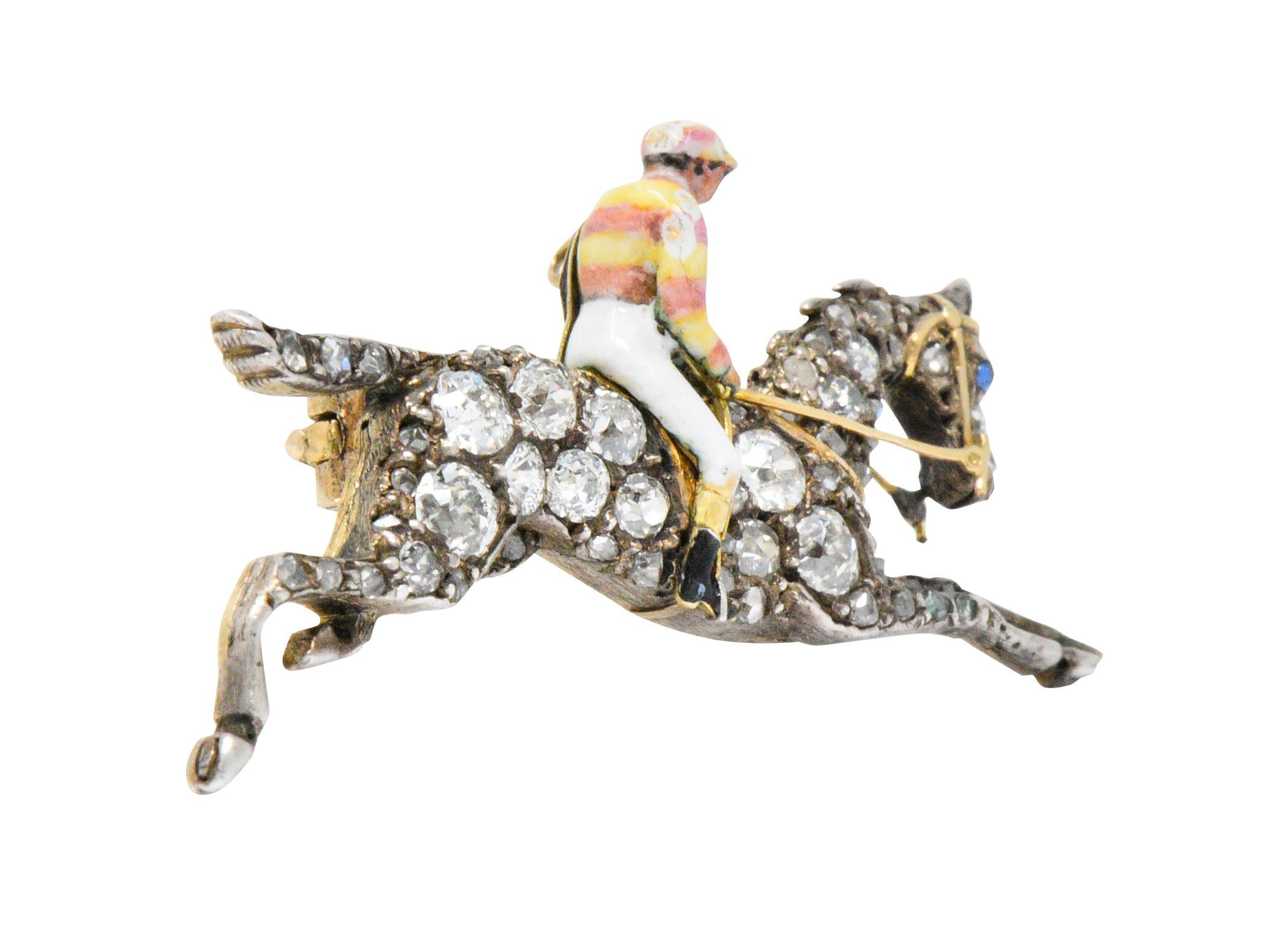 Rose Cut Victorian 1.65 Carats Diamond Enamel Silver-Topped Gold Horse Jockey Brooch