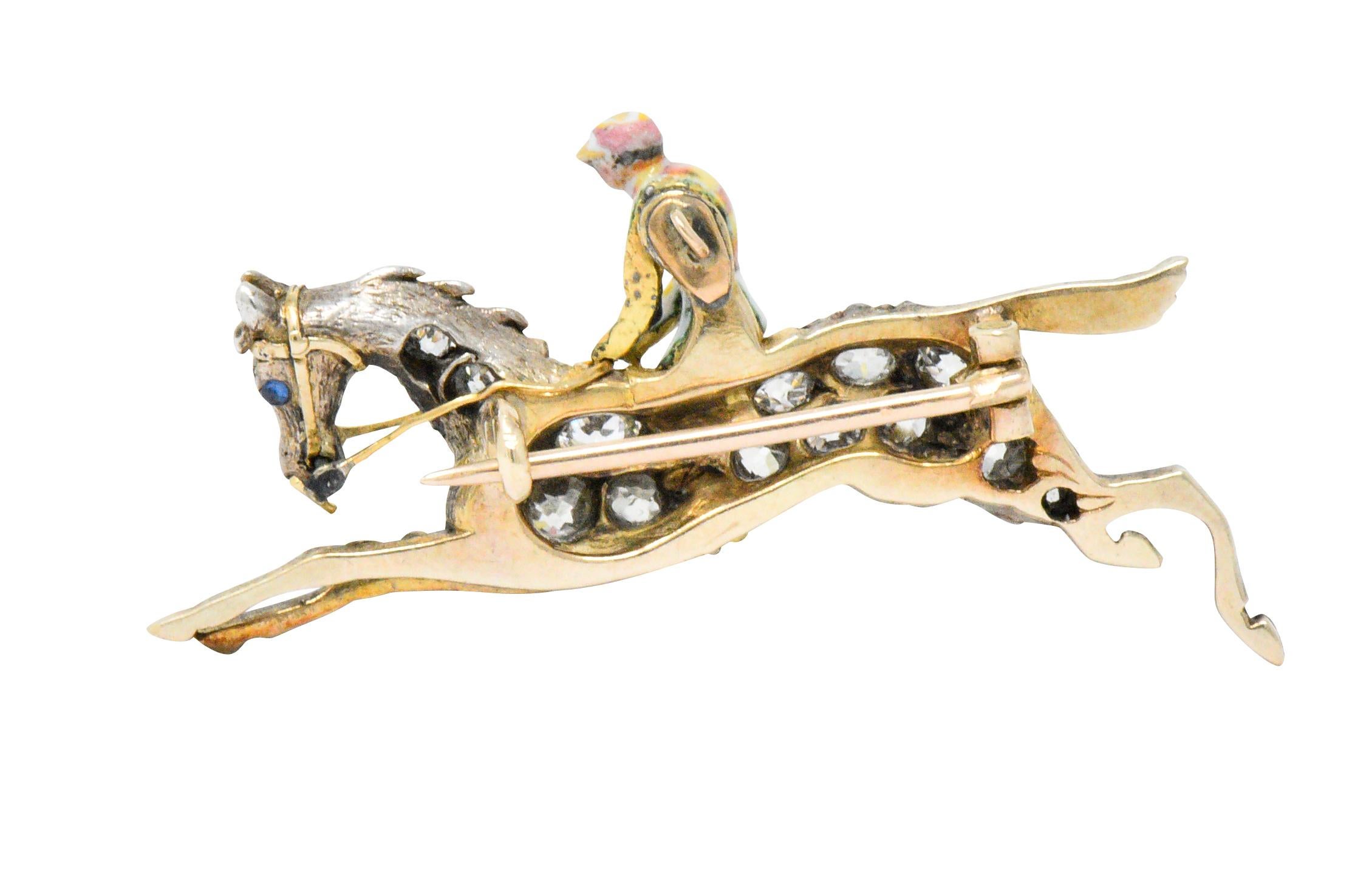 Victorian 1.65 Carats Diamond Enamel Silver-Topped Gold Horse Jockey Brooch In Good Condition In Philadelphia, PA