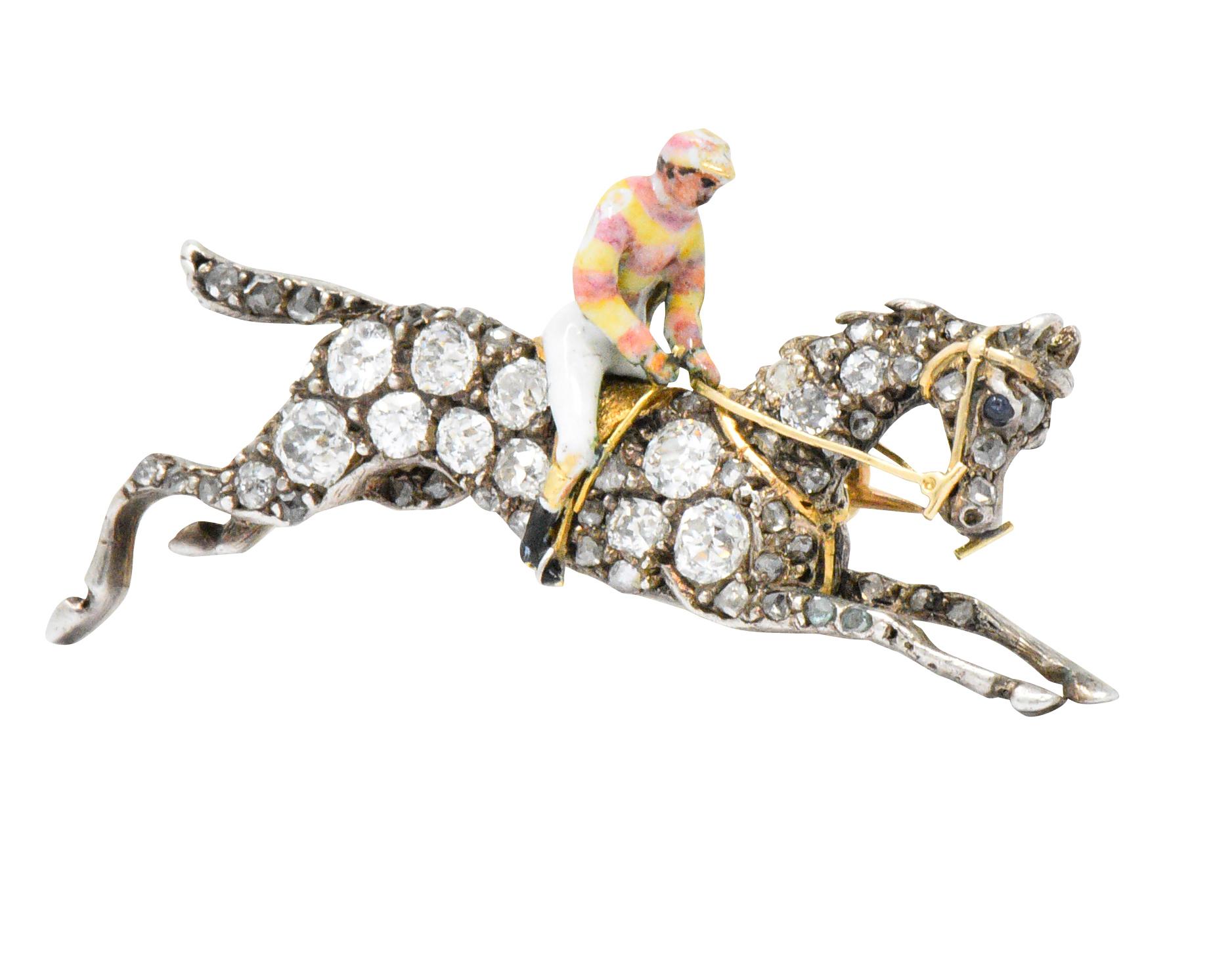 Victorian 1.65 Carats Diamond Enamel Silver-Topped Gold Horse Jockey Brooch 2