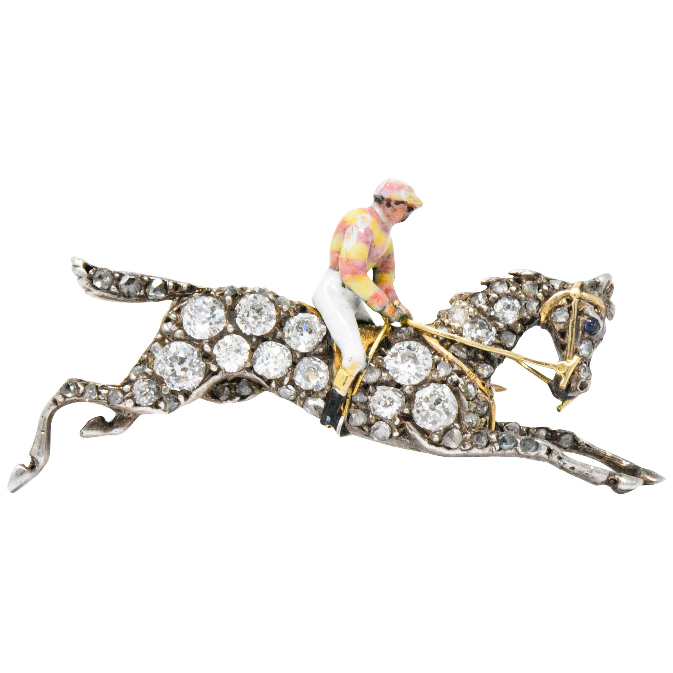Victorian 1.65 Carats Diamond Enamel Silver-Topped Gold Horse Jockey Brooch