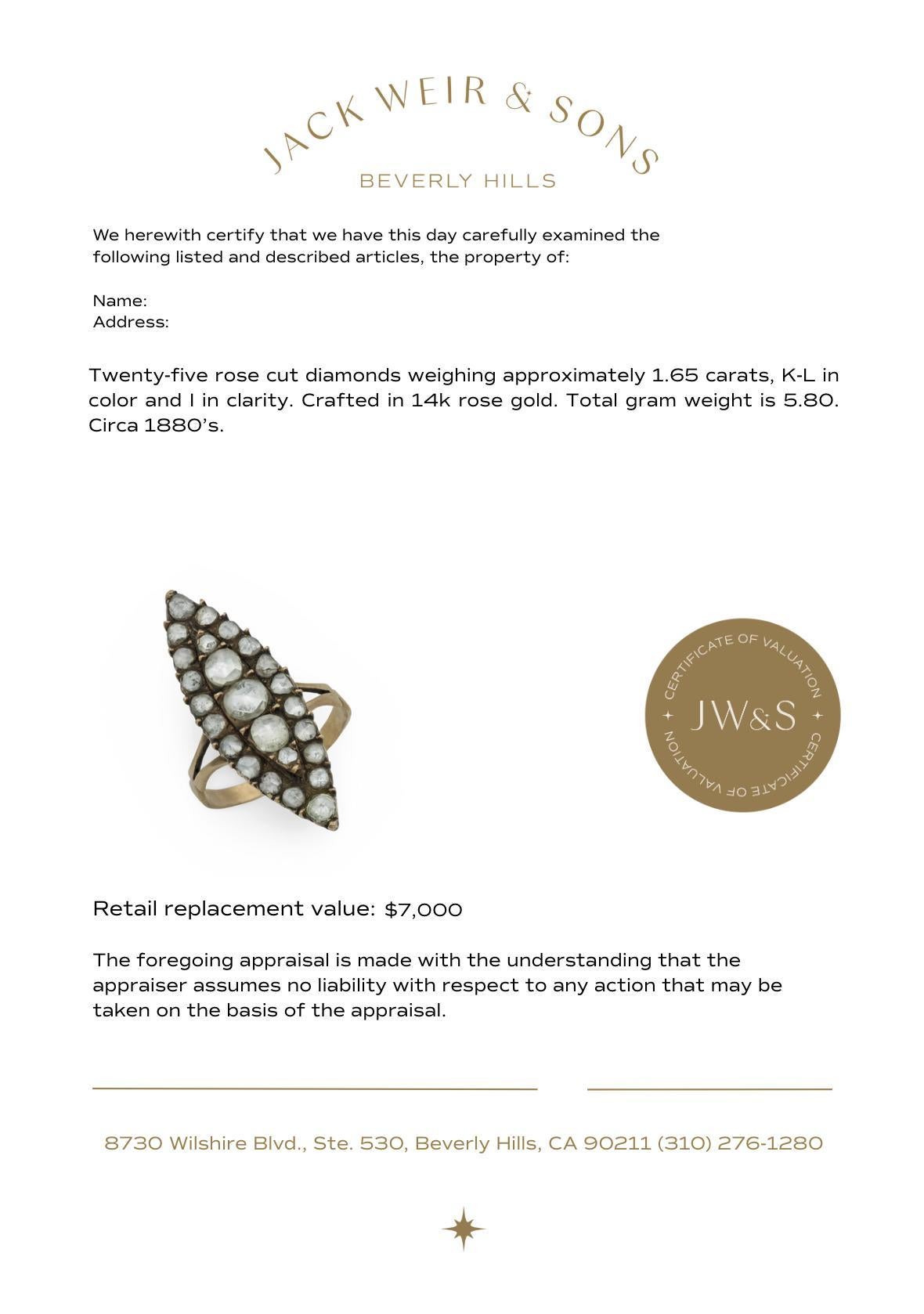 Bague victorienne à navette en or rose 14k, diamant taille rose de 1,65 carat Pour femmes en vente