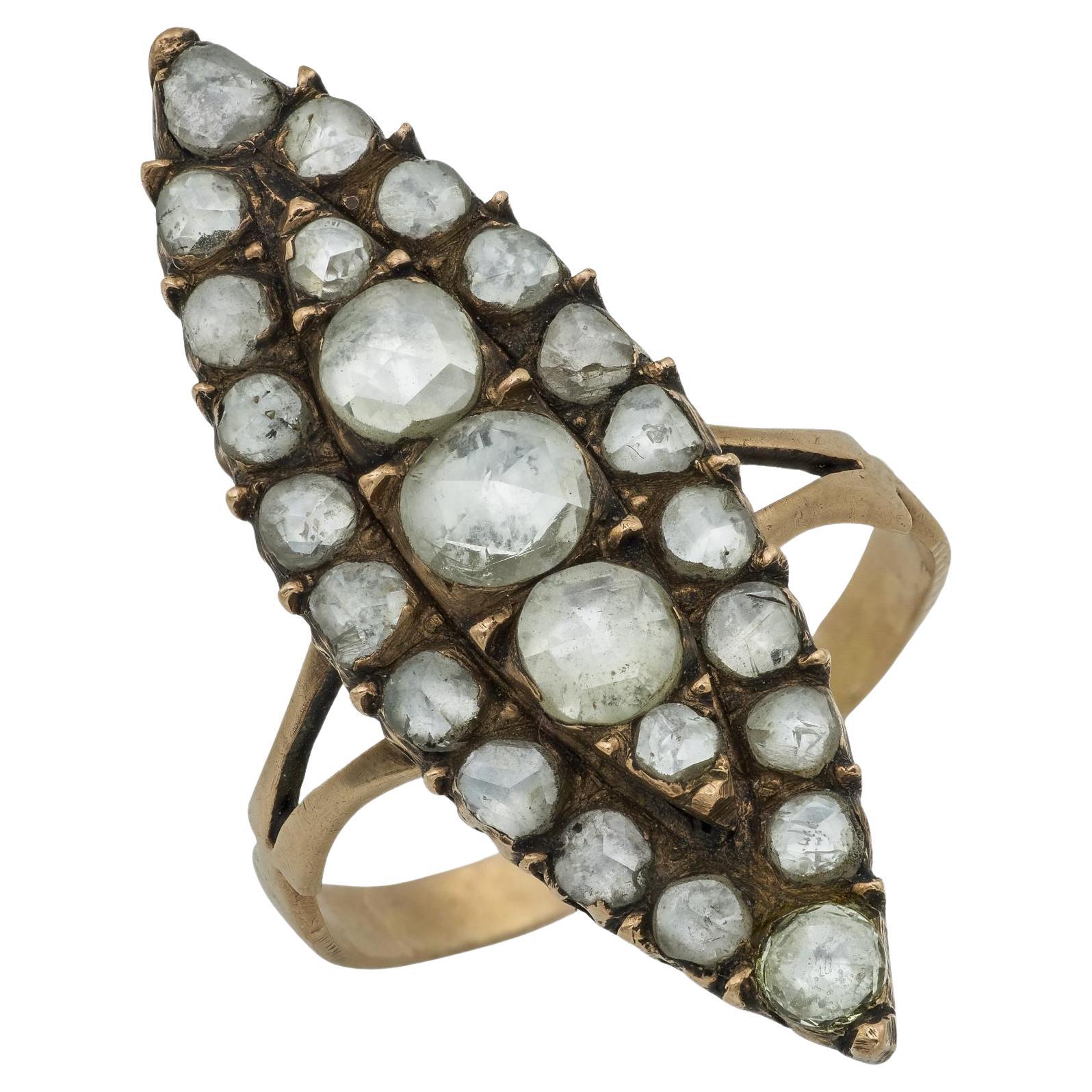 Bague victorienne à navette en or rose 14k, diamant taille rose de 1,65 carat en vente