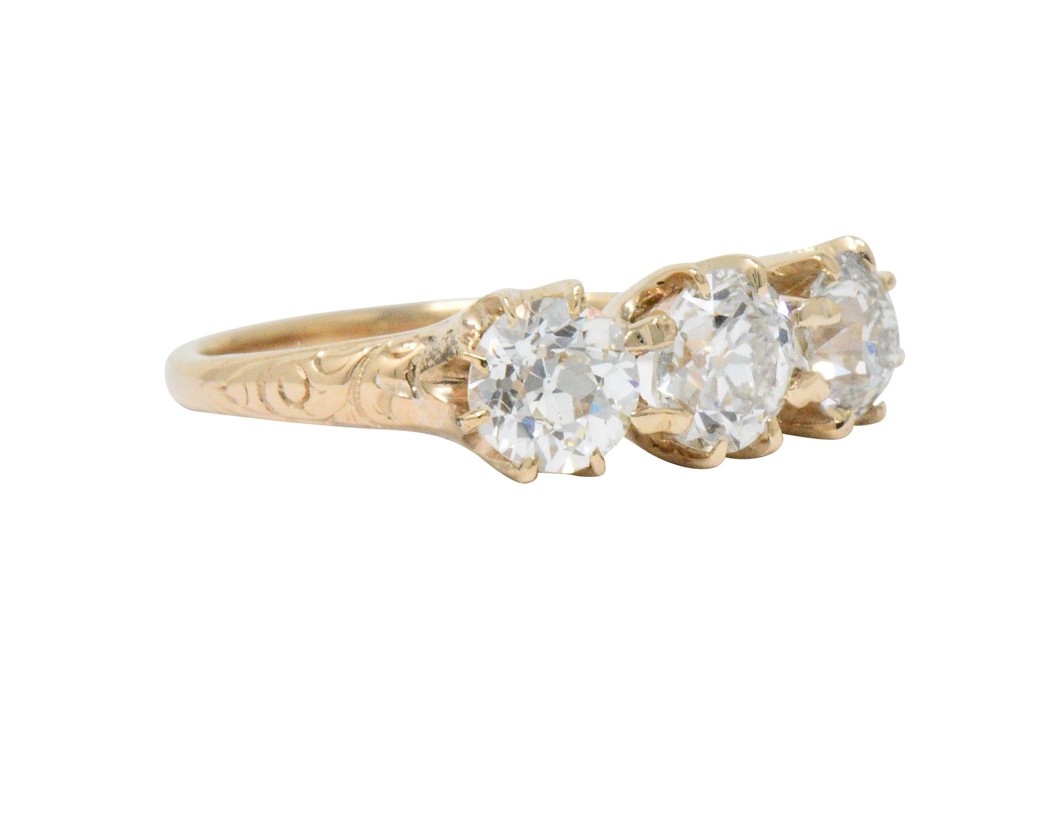 Victorian 1.65 Carat Diamond 14 Karat Gold Three-Stone Ring In Excellent Condition In Philadelphia, PA