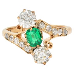 Victorian 1.66 CTW Emerald Diamond 14 Karat Yellow Gold Antique Bypass Ring