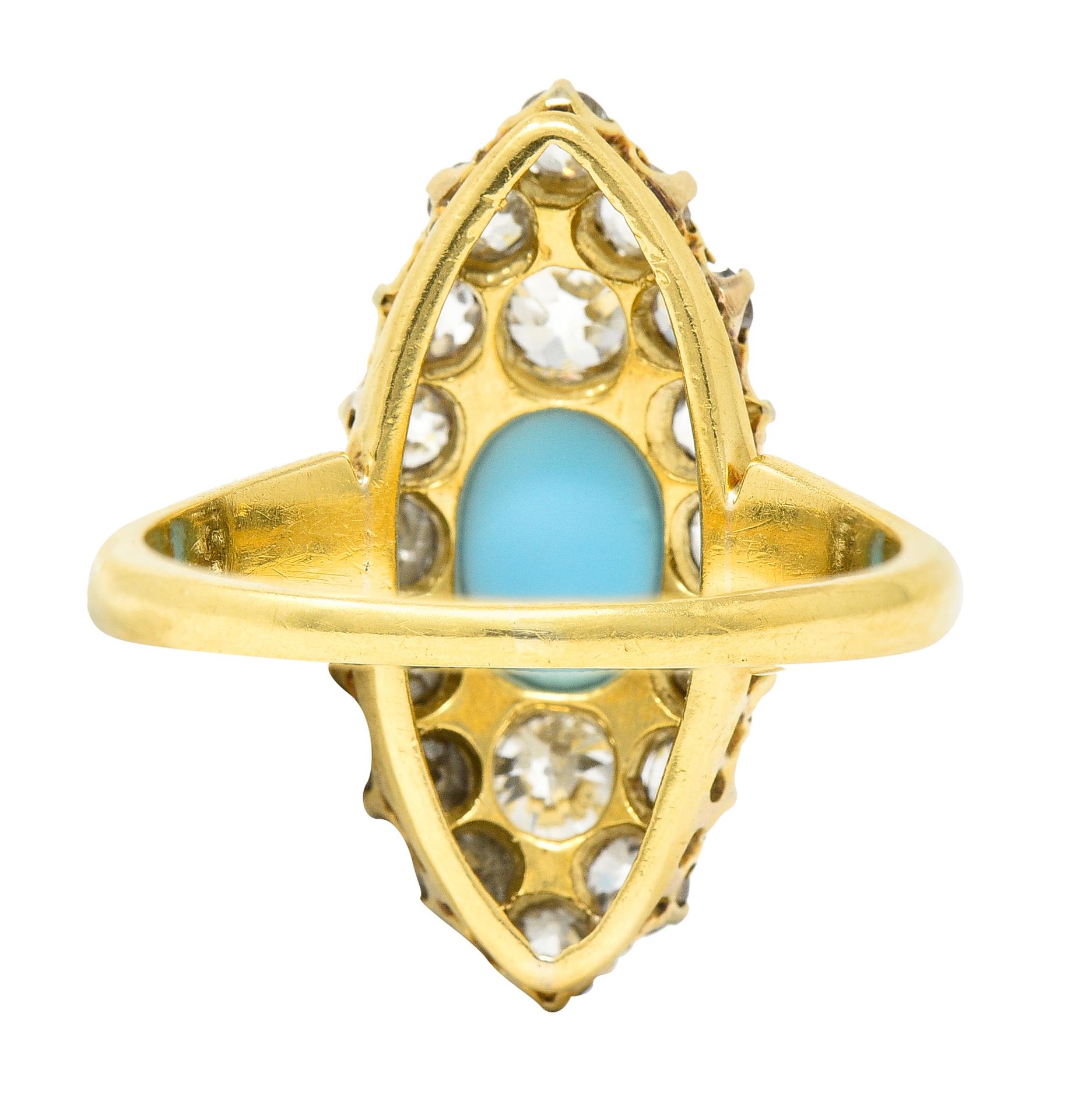 Women's or Men's Victorian 1.68 Carat Old European Cut Diamond Turquoise 18 Karat Gold Ring For Sale