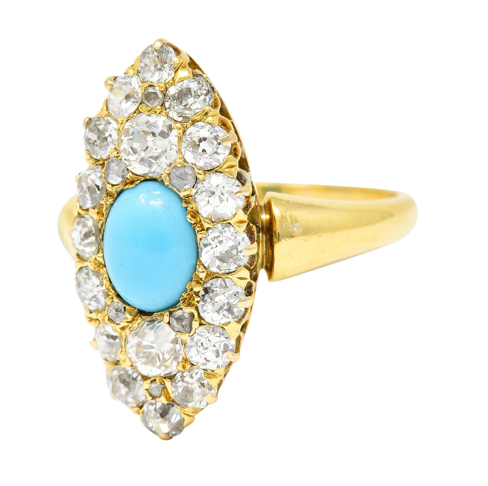 Victorian 1.68 Carat Old European Cut Diamond Turquoise 18 Karat Gold Ring For Sale 2