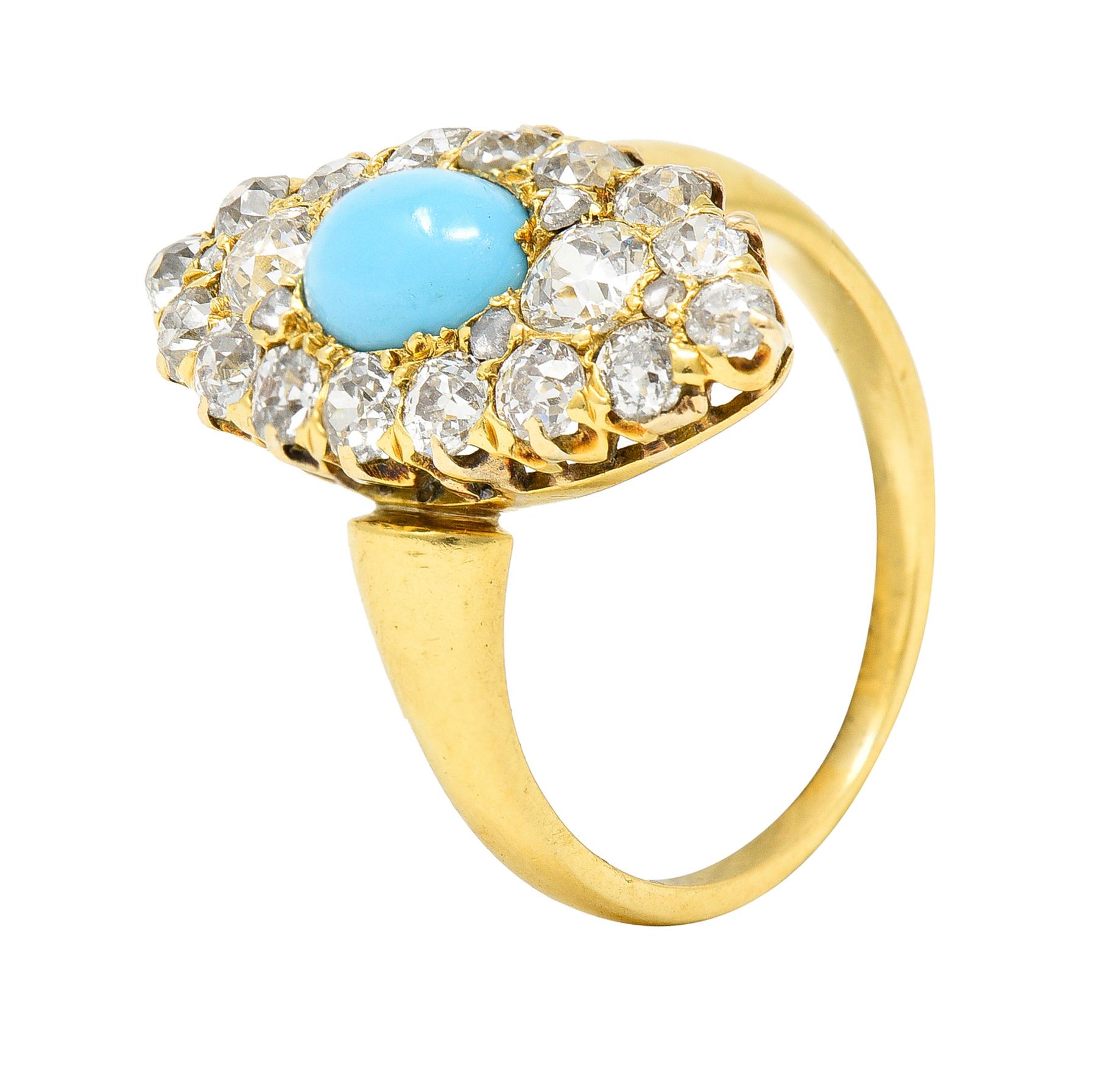 Victorian 1.68 Carat Old European Cut Diamond Turquoise 18 Karat Gold Ring For Sale 3