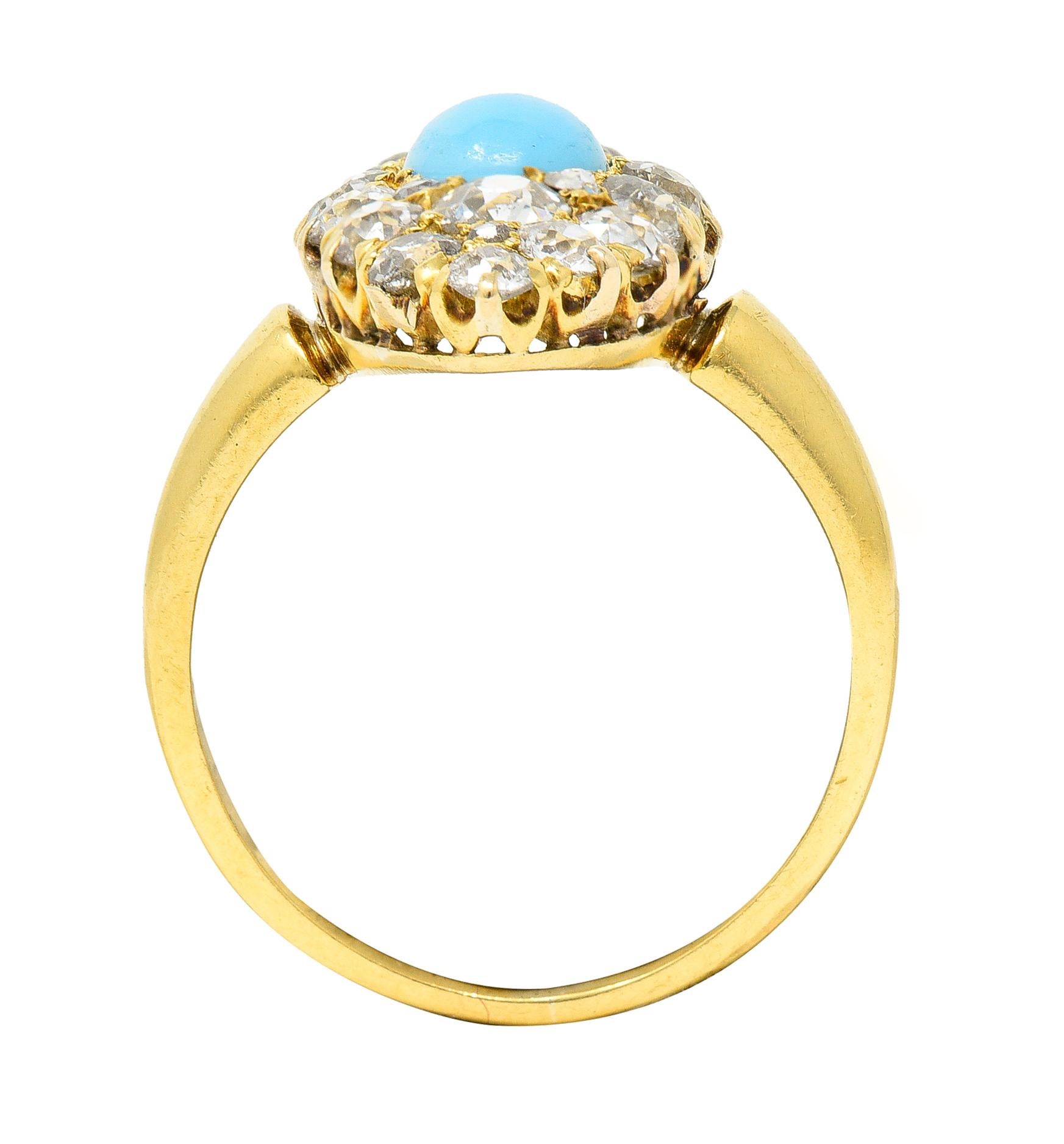 Victorian 1.68 Carat Old European Cut Diamond Turquoise 18 Karat Gold Ring For Sale 4