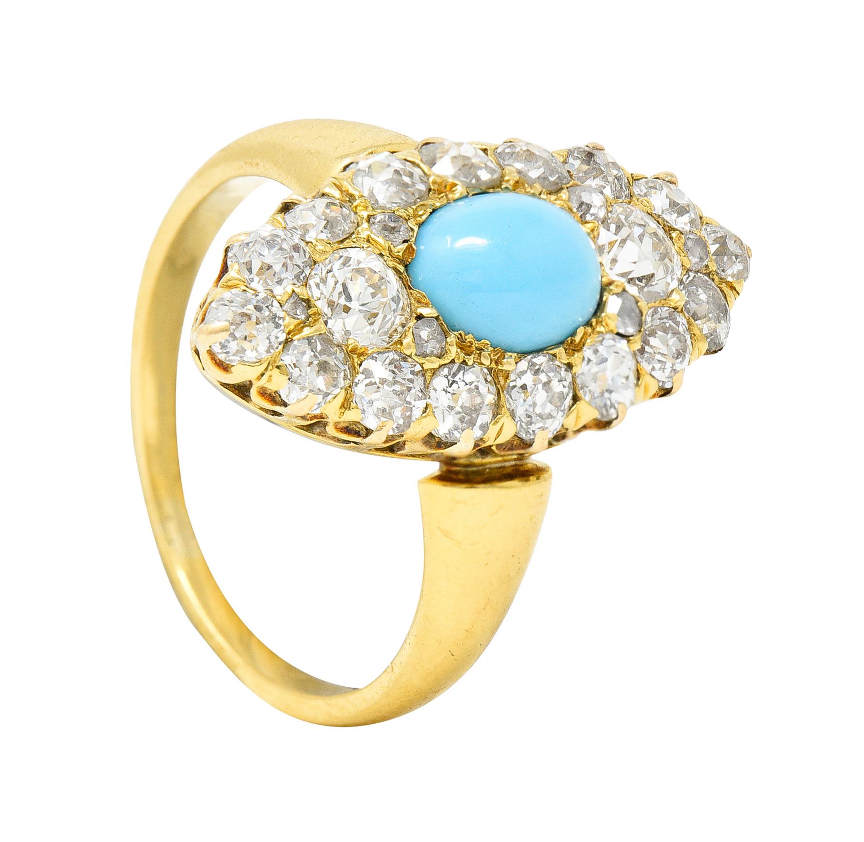 Victorian 1.68 Carat Old European Cut Diamond Turquoise 18 Karat Gold Ring For Sale 5