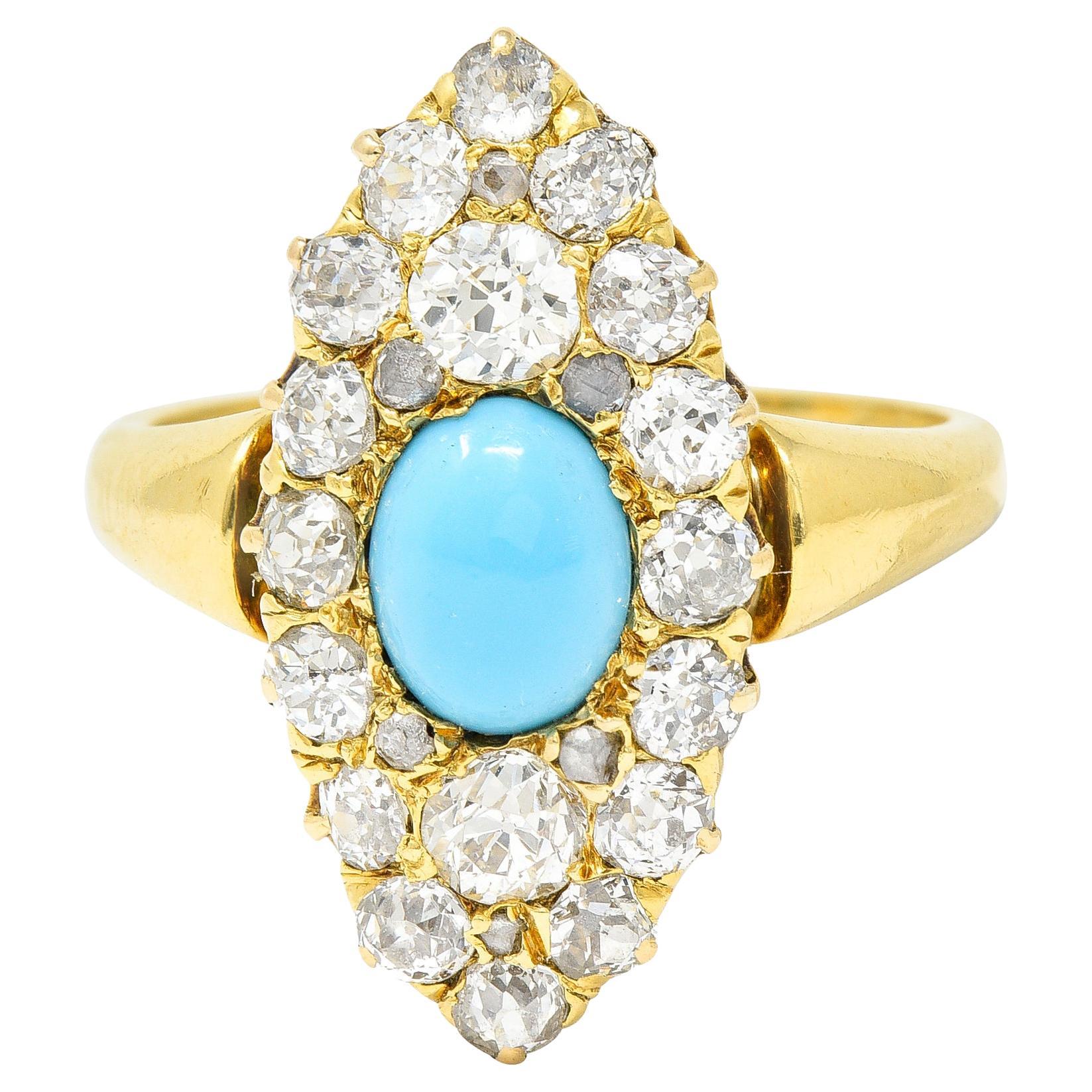 Victorian 1.68 Carat Old European Cut Diamond Turquoise 18 Karat Gold Ring For Sale