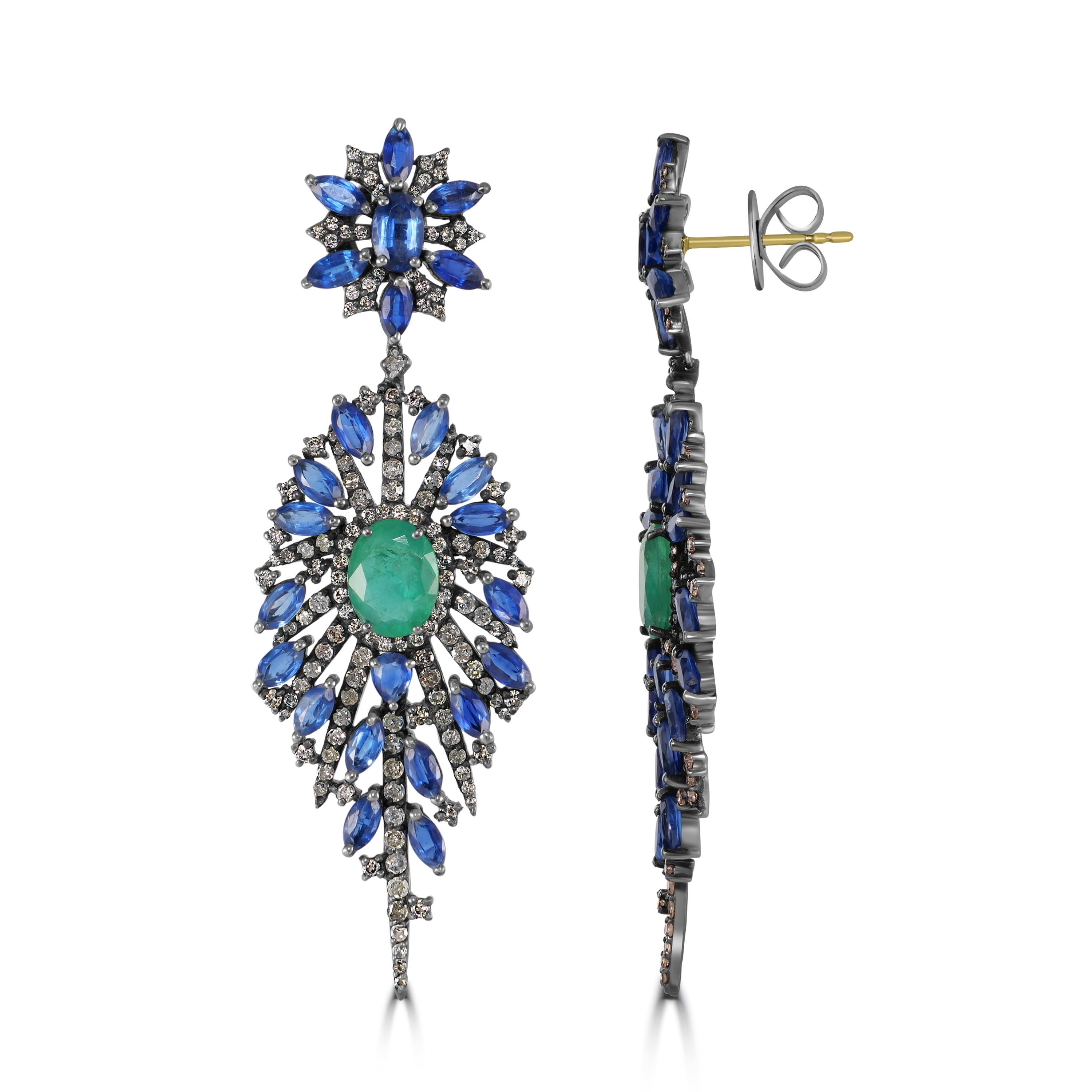 Pear Cut Victorian 16.9 Cttw. Emerald, Kyanite and Diamond Floral Dangle Earrings  For Sale