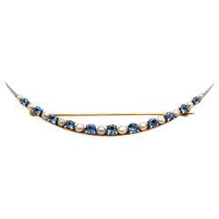 Antique Victorian 1.69tcw Blue Sapphire Pearl 14k Gold & Platinum Crescent Brooch 1900s